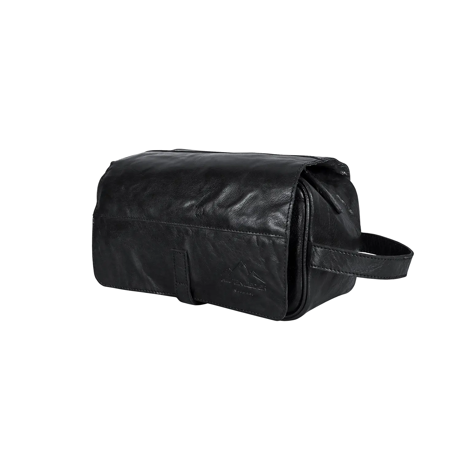 Die schwarze Kulturtasche aus Leder für Damen und Herren verfügt über einen seitlichen Griff und einen Klappenverschluss und bietet ein schlankes, minimalistisches Design mit glatter Textur und wasserabweisender Innenseite, ideal für Reisen oder den täglichen Gebrauch.