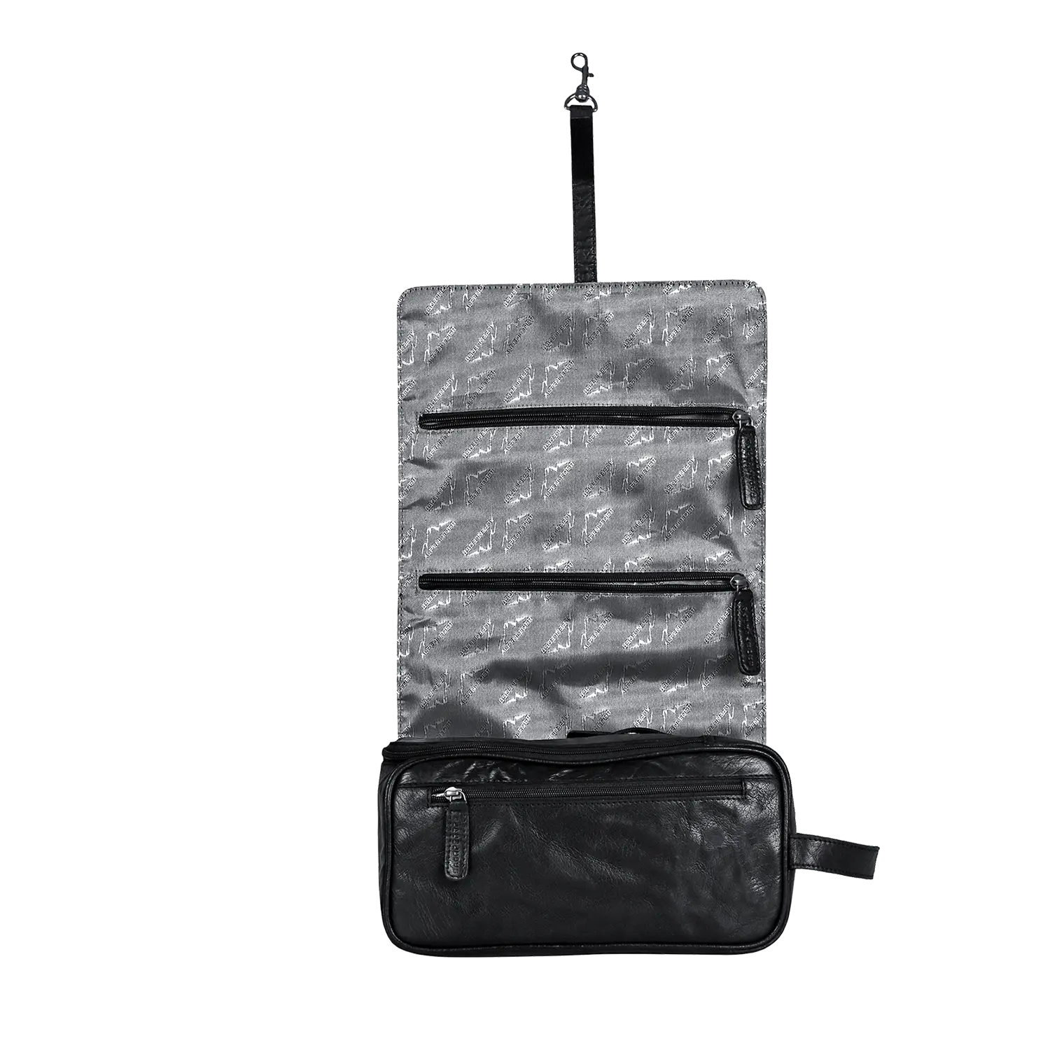 Die Kulturtasche für Damen und Herren lässt sich aufklappen und gibt den Blick auf zwei obere Reißverschlussfächer und einen größeren unteren Bereich frei. Es verfügt über einen stabilen Karabinerhaken, ist in Schwarz gehalten und verfügt über ein dezentes Muster auf seinem wasserabweisenden Innenfutter.