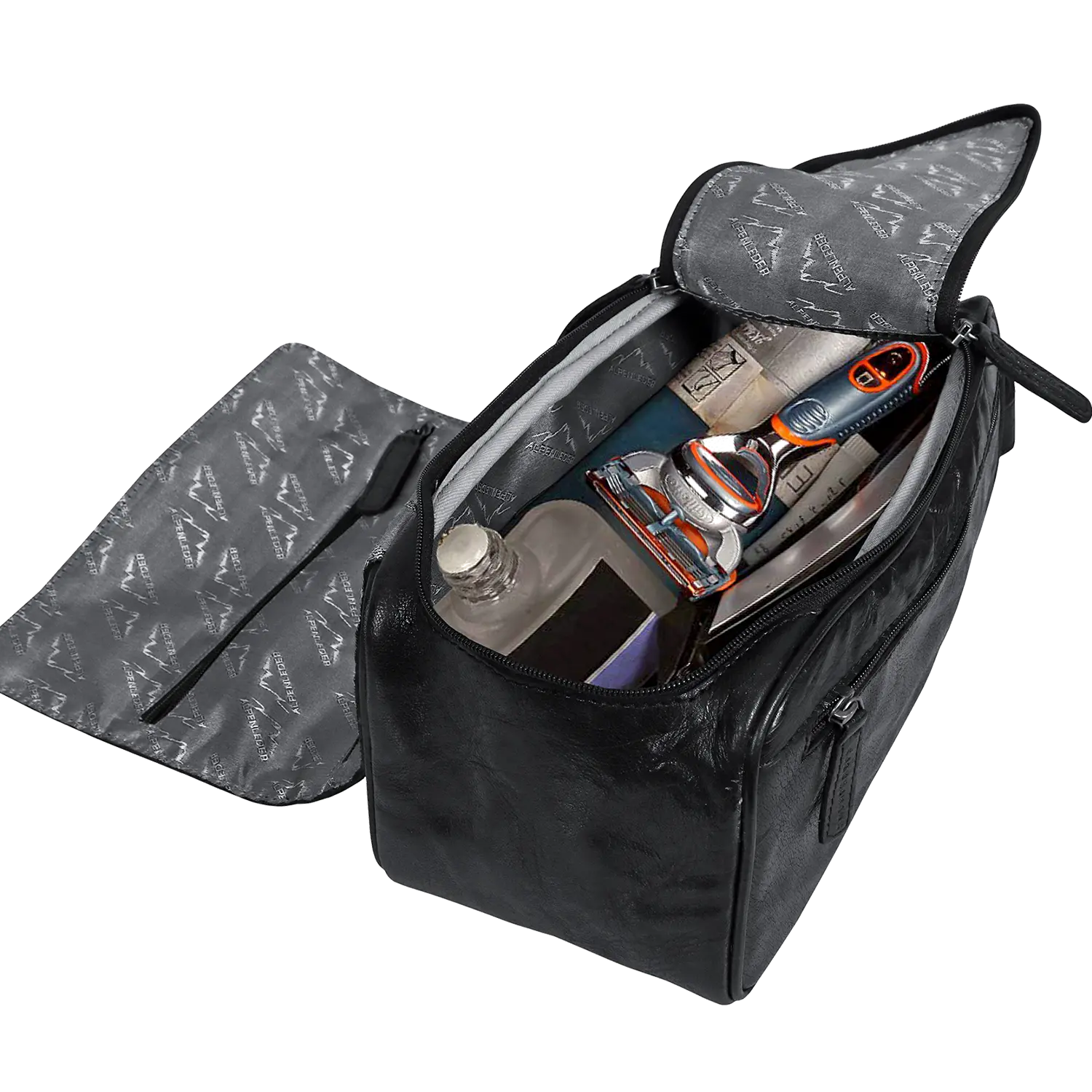 Offene schwarze Kulturtasche für Damen und Herren mit Rasierutensilien wie Rasierer, Creme und Flasche. Der Innenraum verfügt über ein gemustertes graues Innenfutter mit wasserabweisendem Innenfutter, und der teilweise geöffnete Deckel gibt den Blick auf den geordneten Inhalt frei.