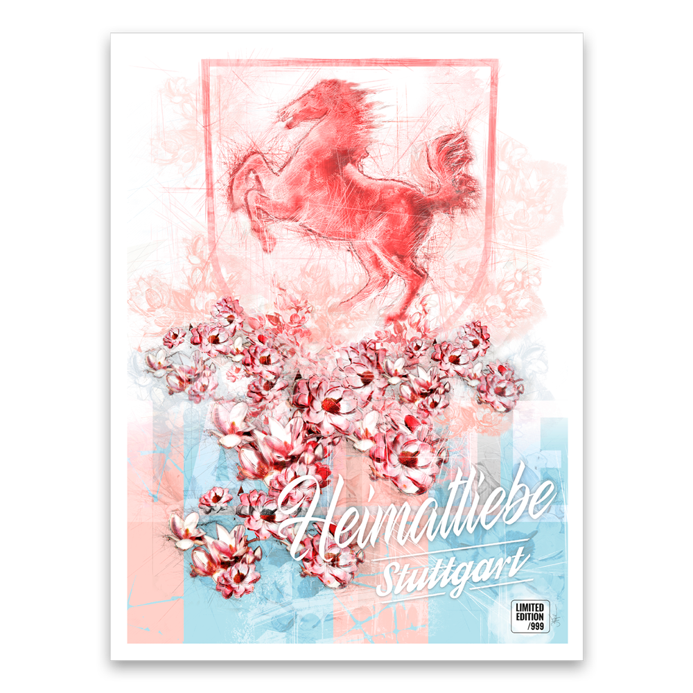 Rotes Pferdewappen, Blumen und Text „Heimatliebe Stuttgart“ im PopArt-Stil auf pastellfarbenem Hintergrund, gerahmter Posterstil. Entdecken Sie stilvolle Kunstdrucke als limitierte Auflage für einen modernen Look.