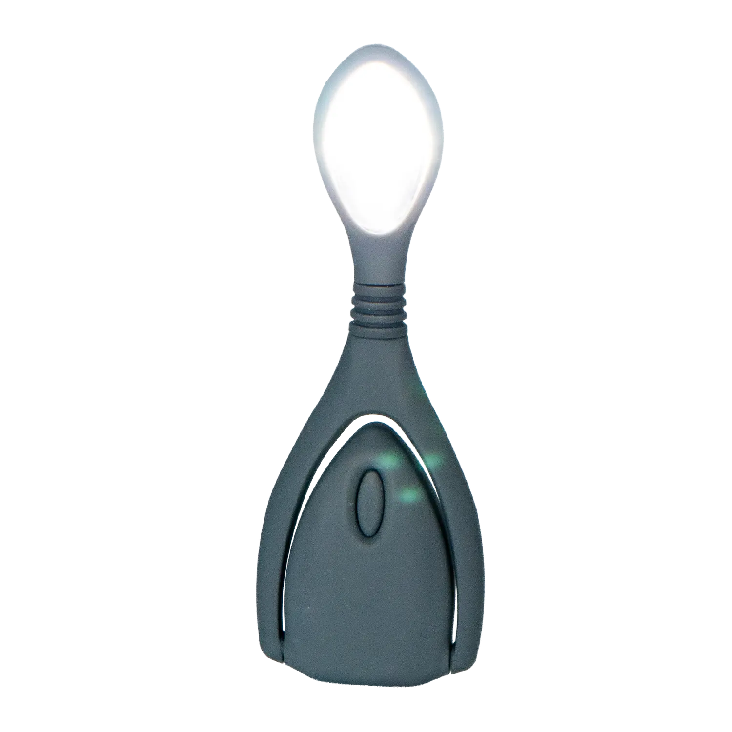 Eine moderne, graue Leselampe zum Klemmen mit einer stilisierten Löffelform und LED.
