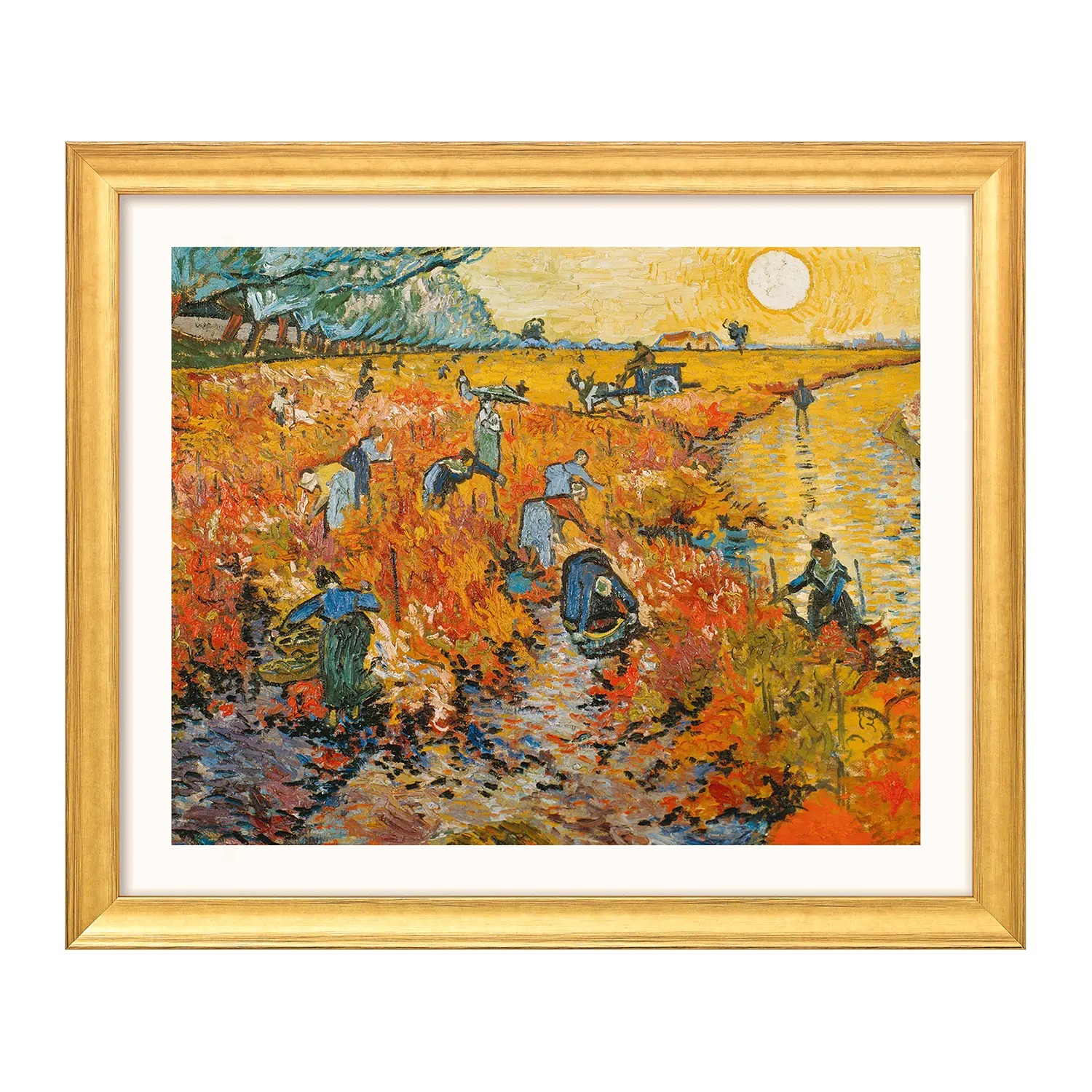 Satz von vier Landschaftsbildern mit Ernteszenen, inspiriert von van Gogh.