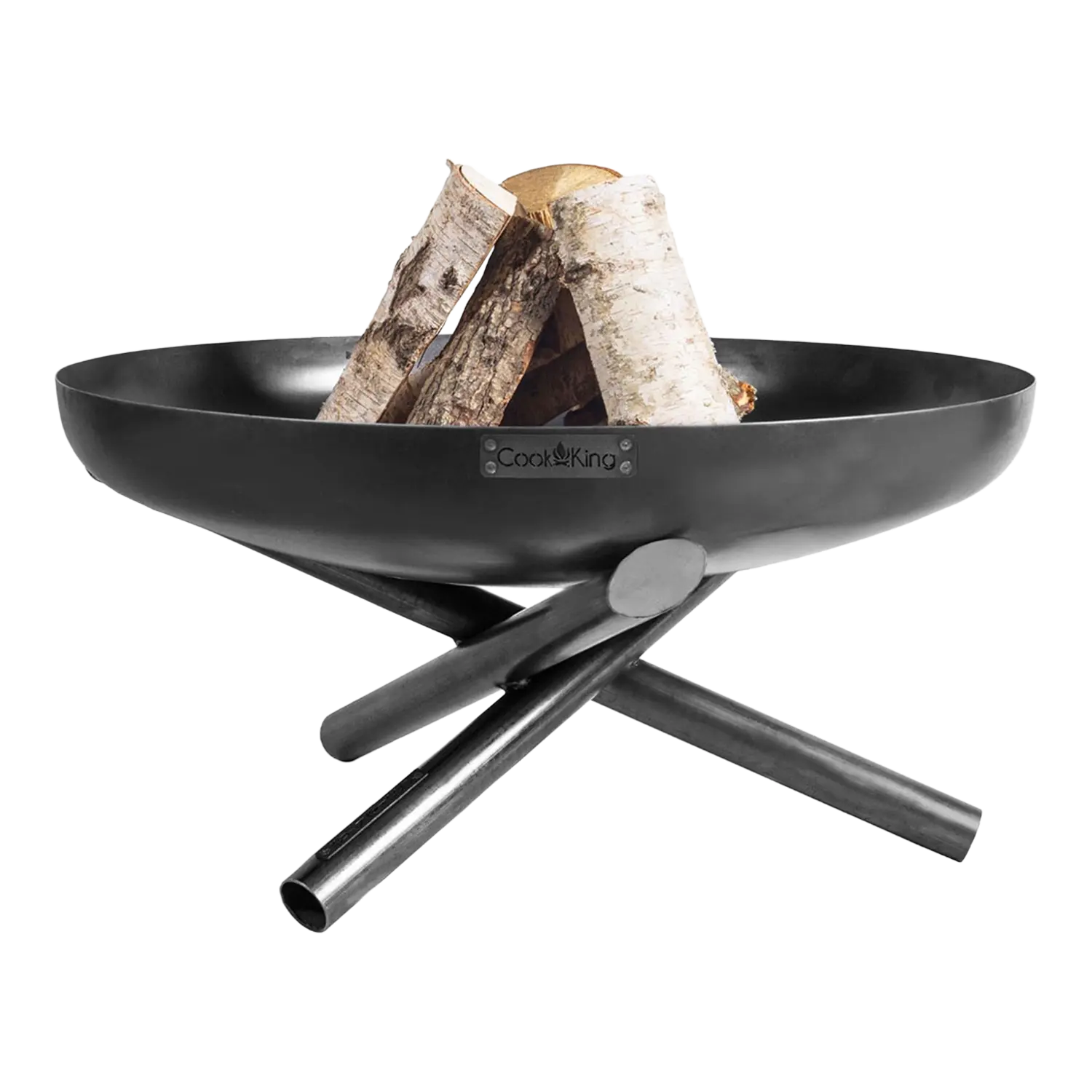 Feuerschale Idaho: Eine moderne Feuerschale aus schwarzem Metall mit gestapelten Holzscheiten.