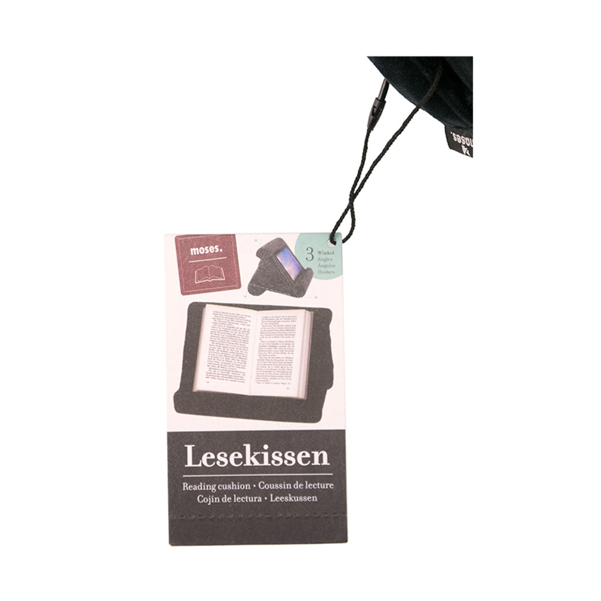Die Verpackung des Lesekissen Pause zeigt ein stilvolles Kissen, auf dem ein Buch oder Tablet liegt. 