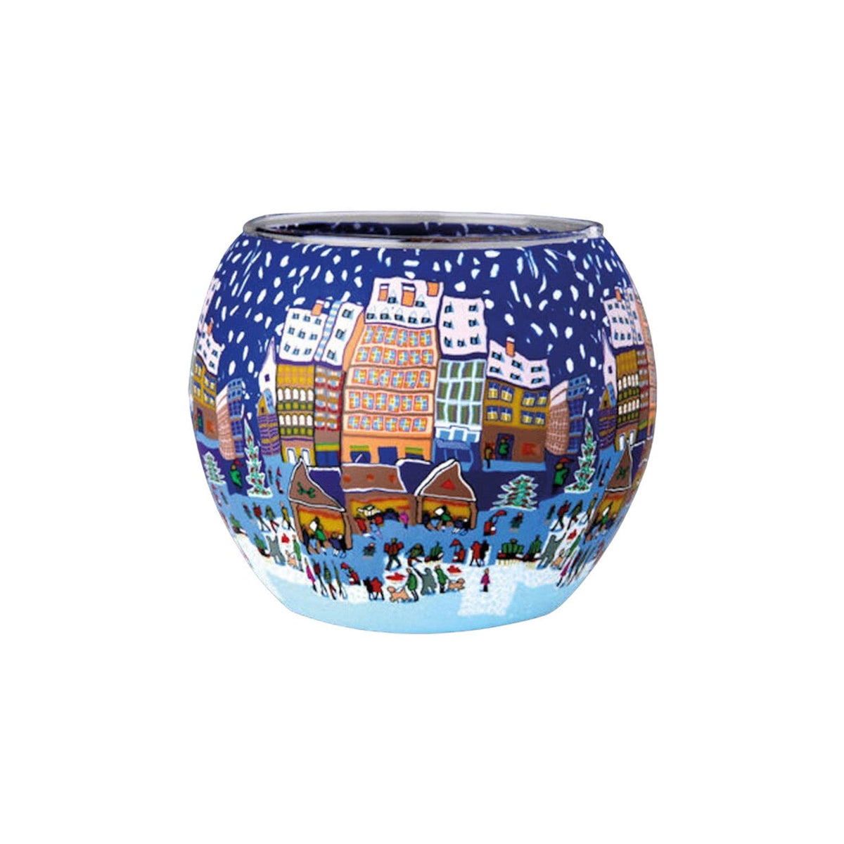 Das Teelichtglas Christmas Fair zeigt eine winterliche Stadt.