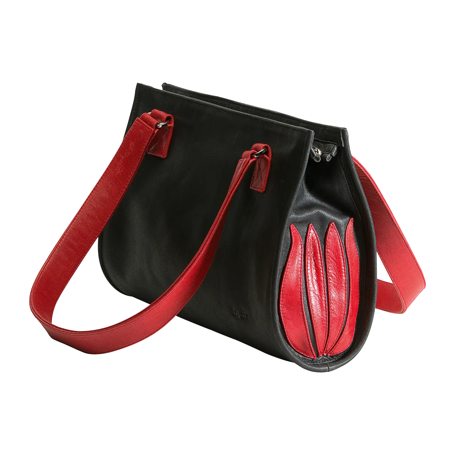 Handtasche "Black and Red Tulip" mit roten Trägern und tulpenähnlichem Seitendesign.