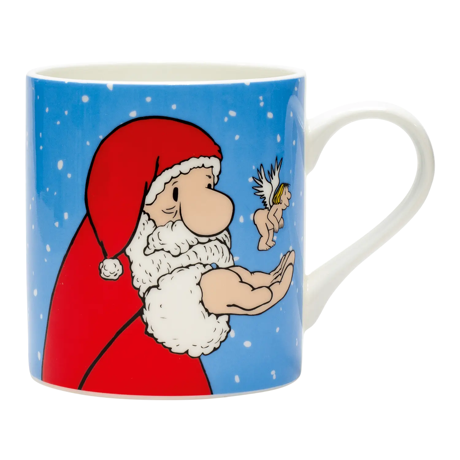 Santa, wie ein Weihnachtsmann, mit einer Fee auf dem 2er Becher-Set "Weihnachtsmops".