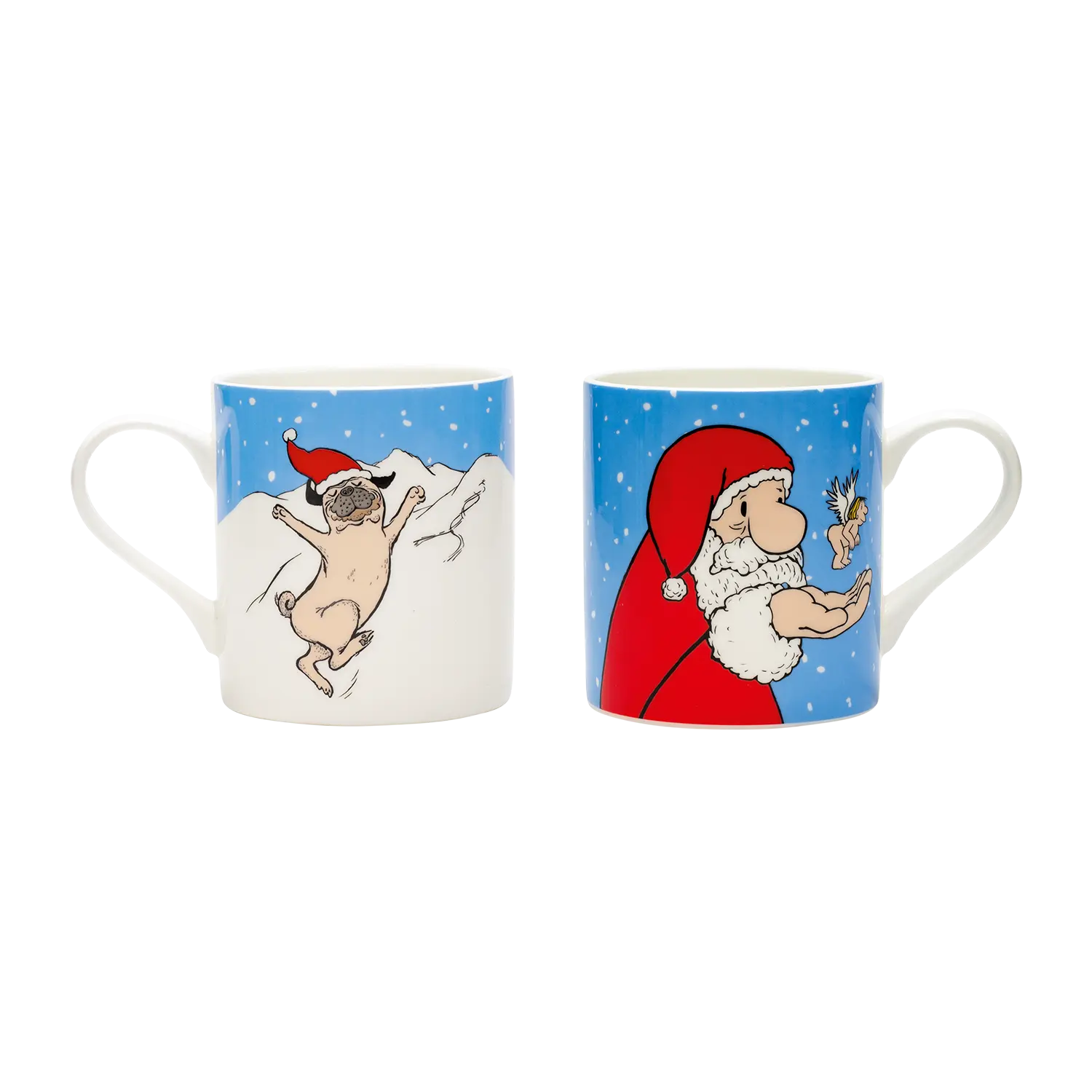 2 Becher "Weihnachtsmops und Weihnachtsmann" als fröhliches Set.