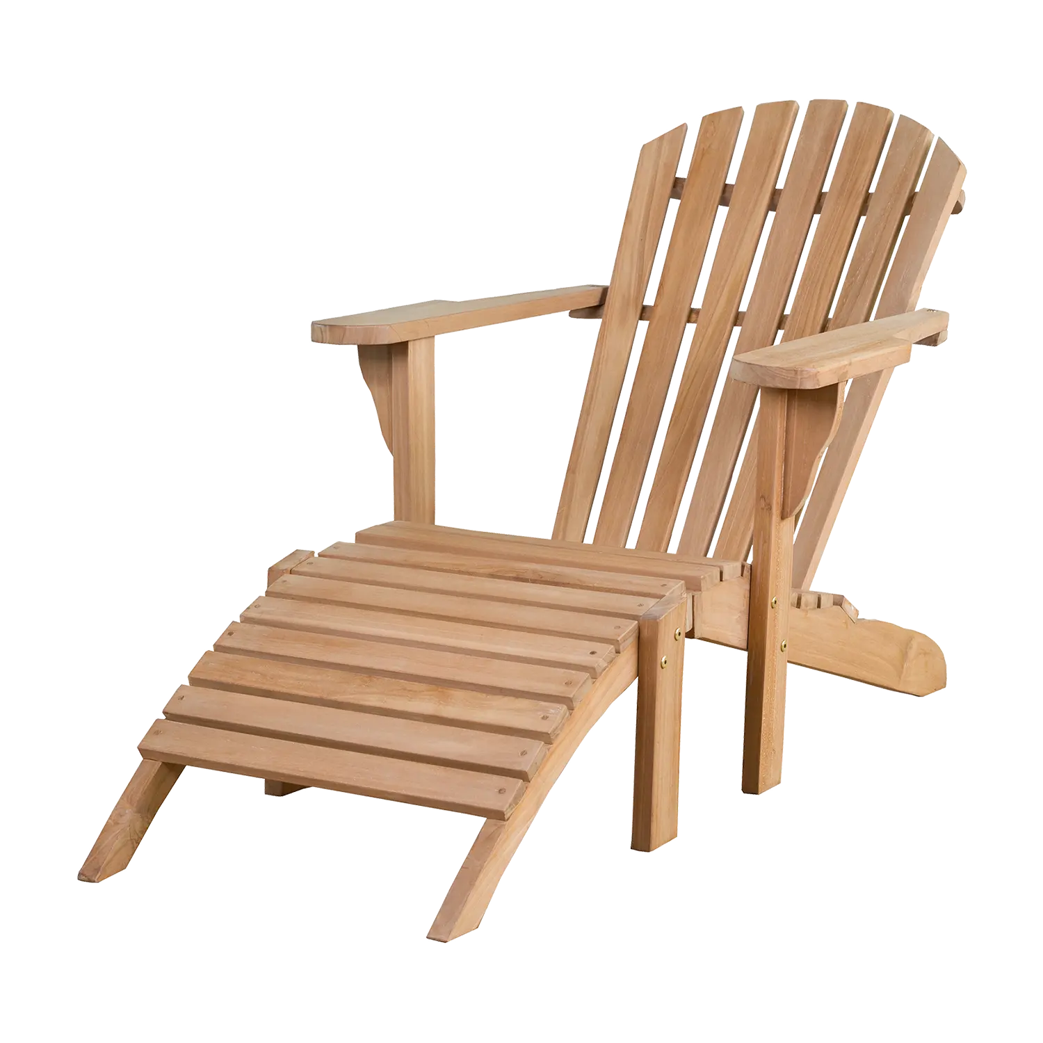 Loungeliege für den Garten aus Teakholz mit passendem Adirondack-Sessel.