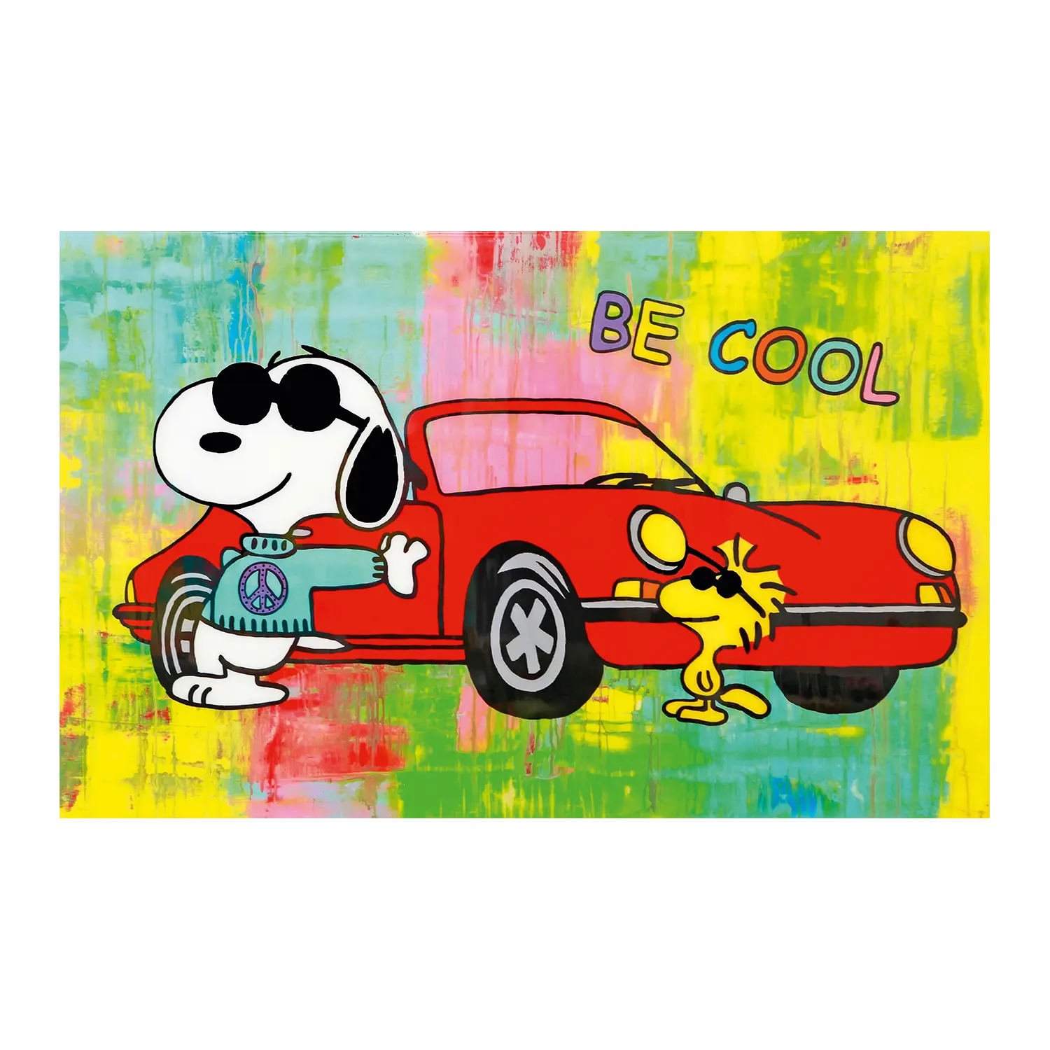 Das Pop Art Bild BE COOL zeigt Snoopy und Woodstock am Auto in limitierter Auflage.