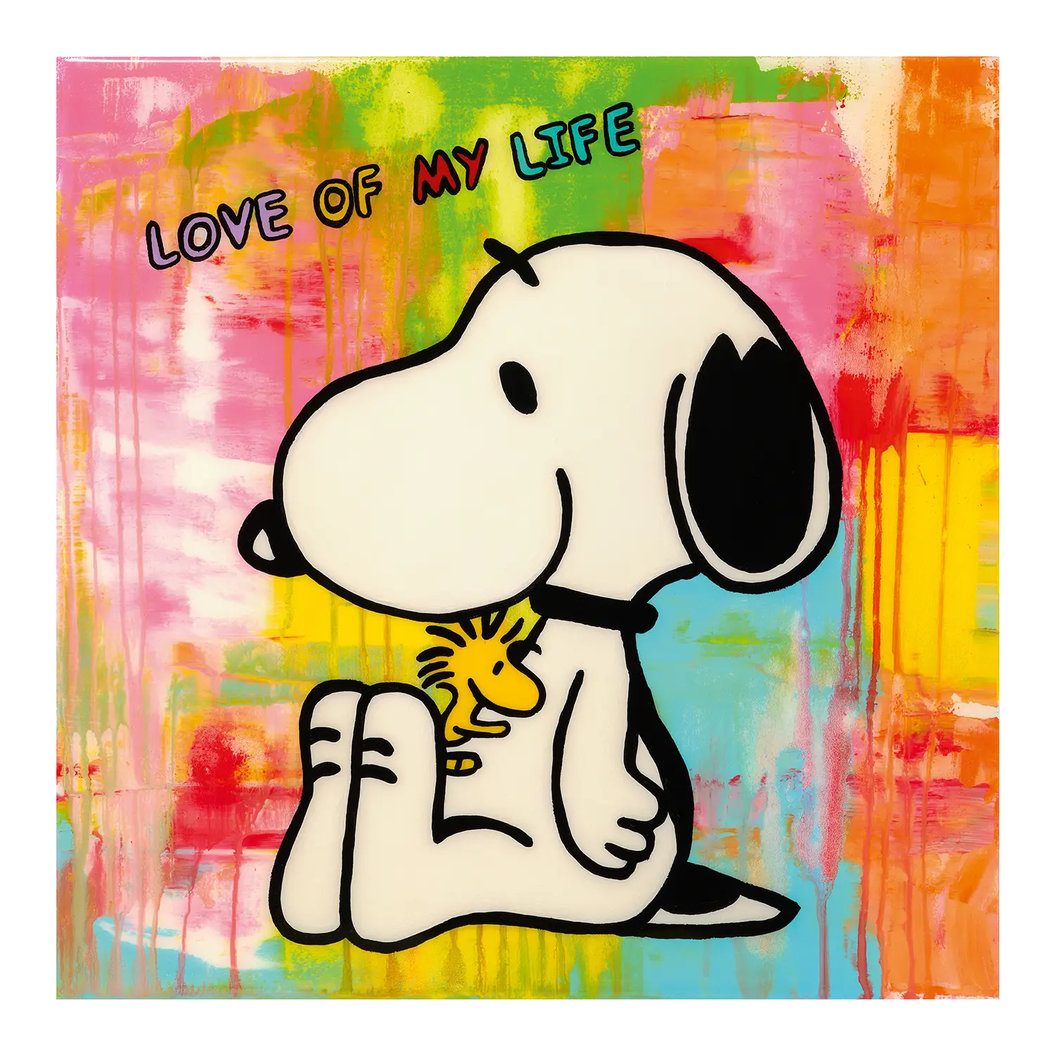 Das Bild "LOVE OF MY LIFE" zeigt Snoopy, der Woodstock im Pop-Art-Stil umarmt.