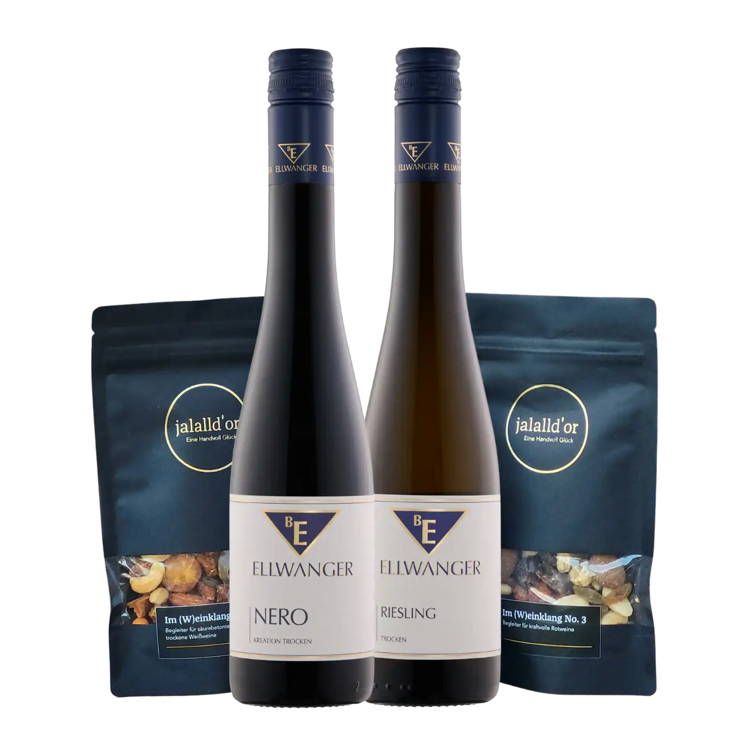 Geschenkset: Zwei Ellwanger Riesling und Mini Snack Paket mit 2 Nussmischungen.