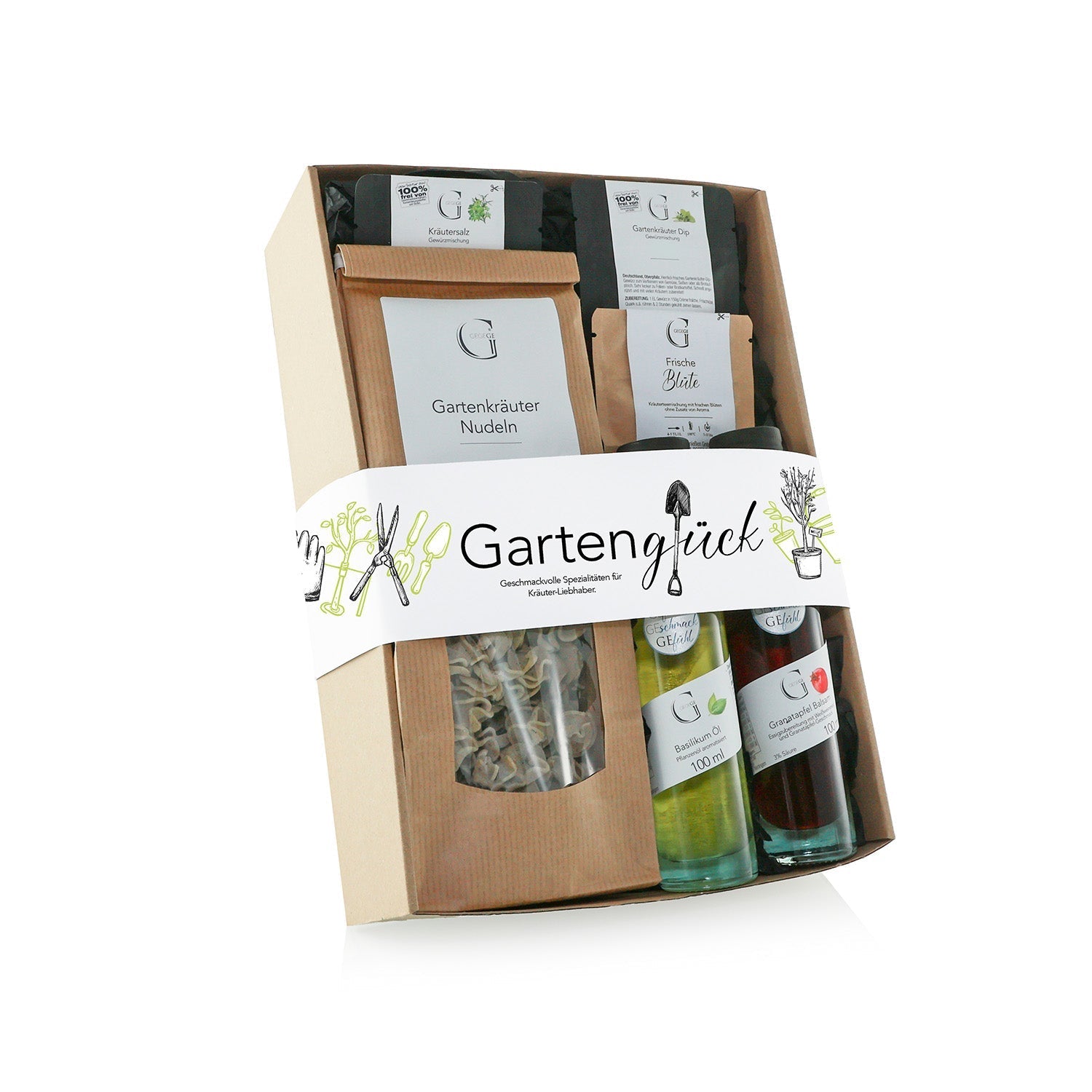 Mitbringsel zur Gartenparty: Nudeln, Kräutersalz, Flaschen Gartenglück-Label.