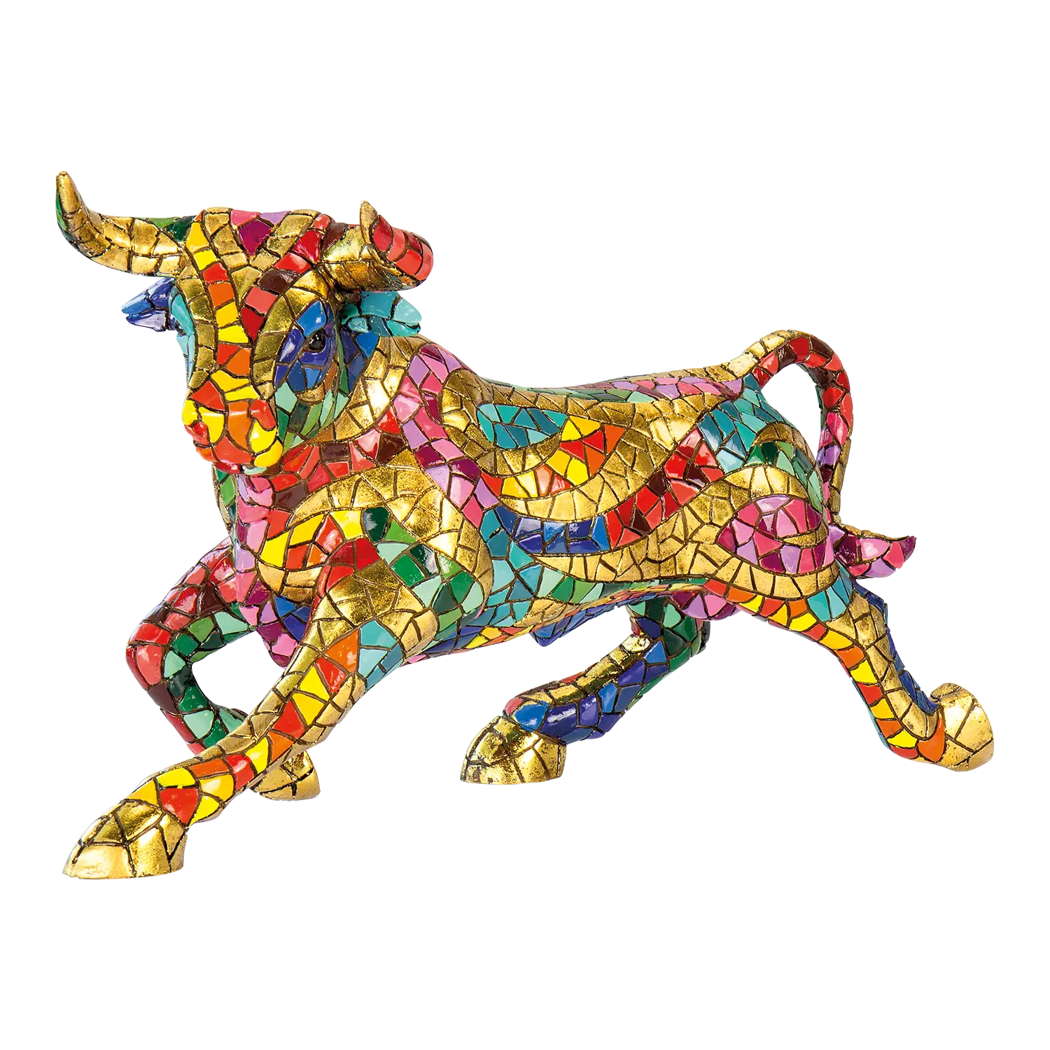 Bunter Stier "El Toro Mosaico II", Symbol der Stärke, auf weißem Hintergrund.