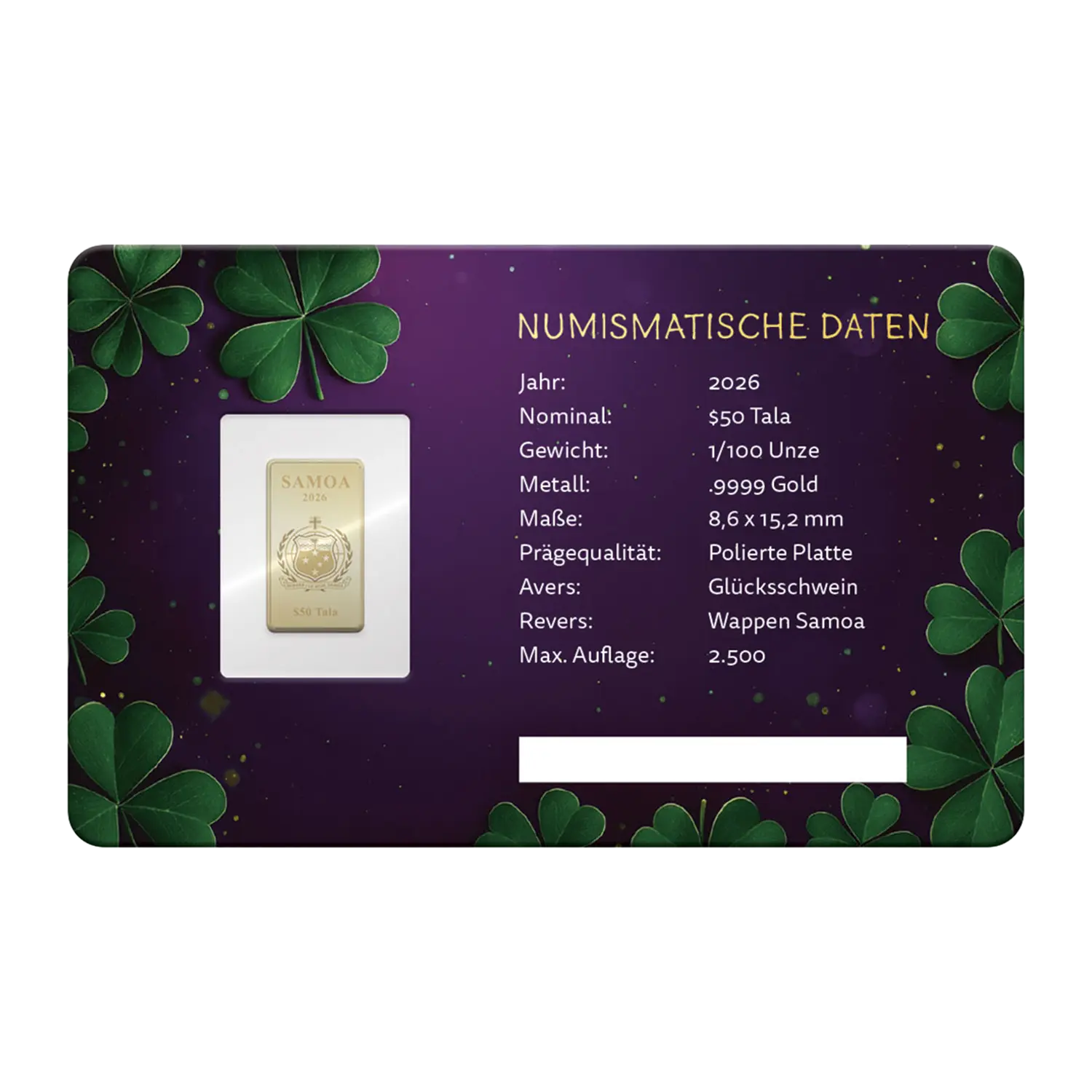 Goldbarren Glücksschwein-Karte, Kleeblatt-Design, reaktionsschnell, deutsche Numismatik.