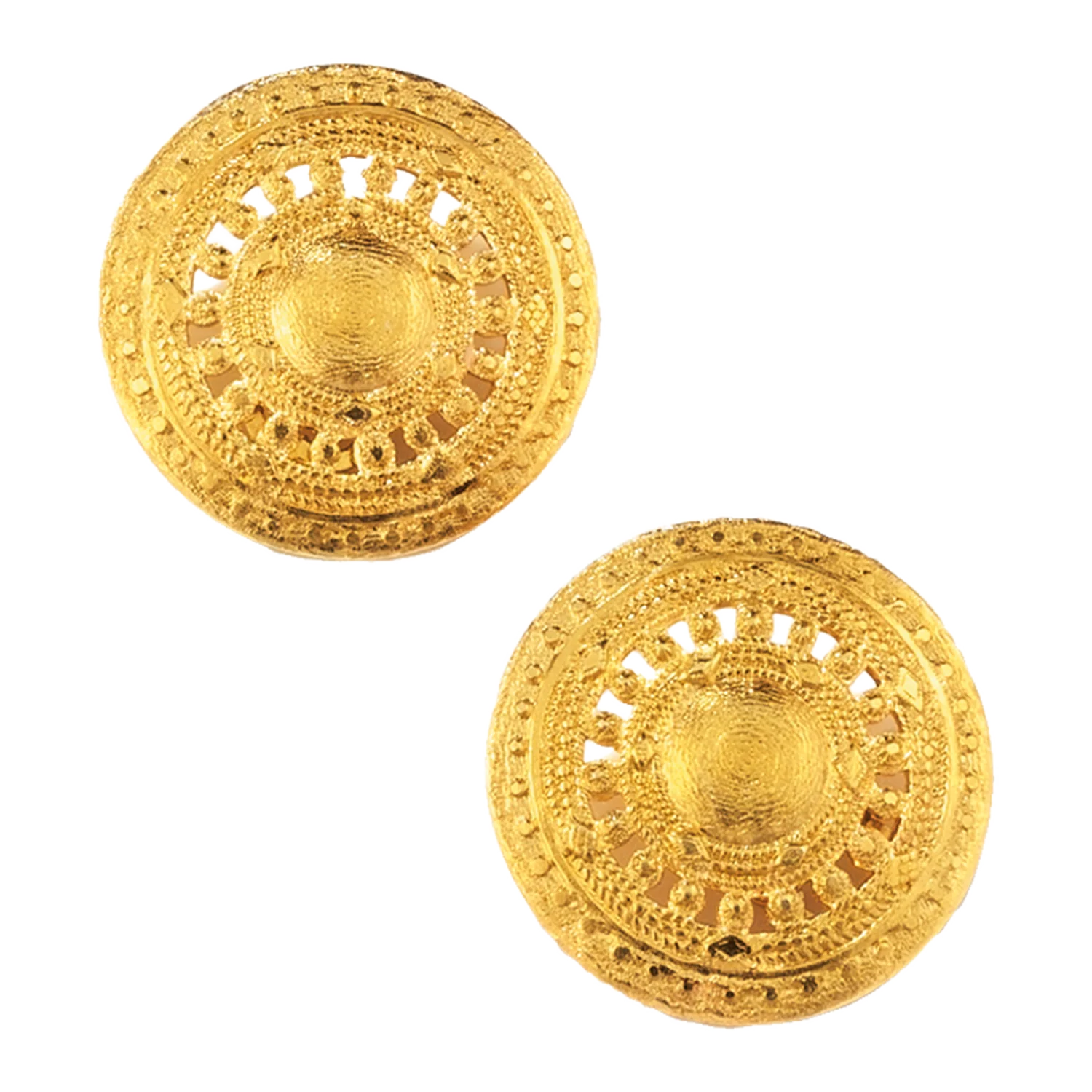 Zwei Schmuckset Aton-Sonnenrad-Knöpfe mit verschnörkelten Sonnenrad-Symbolen.