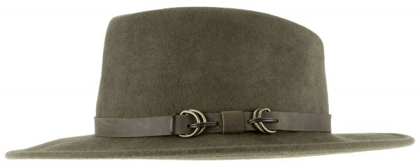 Dieser olivgrüne Filzhut aus hochwertigem Wollfilz verfügt über eine breite Krempe und ein Lederband mit zwei Metallschnallen – eine moderne Interpretation der klassischen Eleganz von Borsalino Hüte.