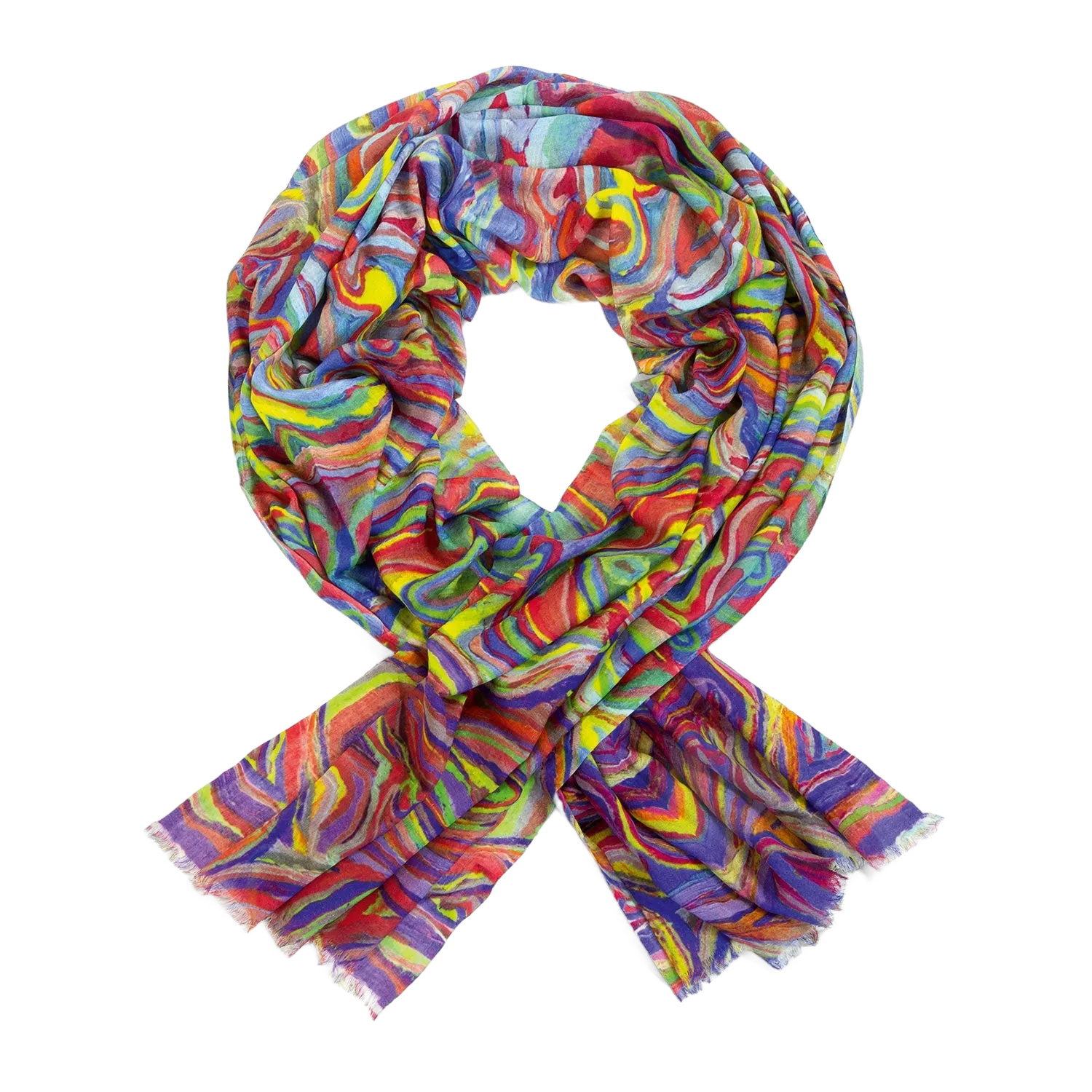 Der Pashmina-Schal "Regenbogen" zeigt abstrakte Wirbel auf weißem Grund.