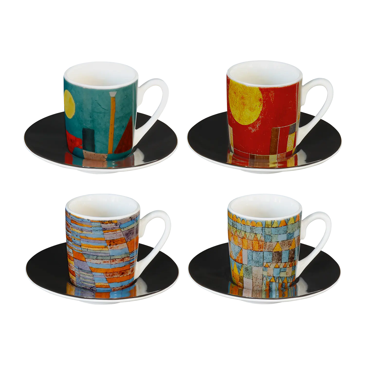Das Set aus 4 Espressotassen von Paul Klee präsentiert sich in einer ansprechenden Anordnung auf einem eleganten weißen Hintergrund. Jede Tasse ist verschieden gefärbt und zeigt ein einzigartiges, lebendiges Motiv aus der Kunst des berühmten Malers.