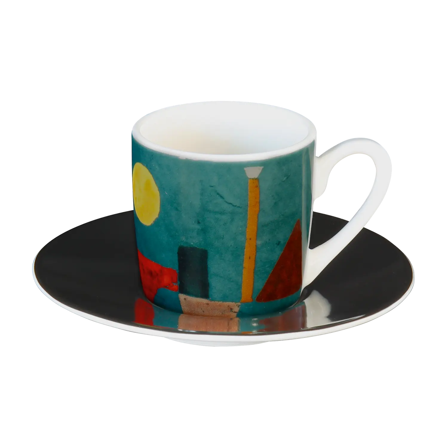 Das Set aus 4 Espressotassen von Paul Klee präsentiert sich in einer ansprechenden Anordnung auf einem eleganten weißen Hintergrund. Jede Tasse ist verschieden gefärbt und zeigt ein einzigartiges, lebendiges Motiv aus der Kunst des berühmten Malers.