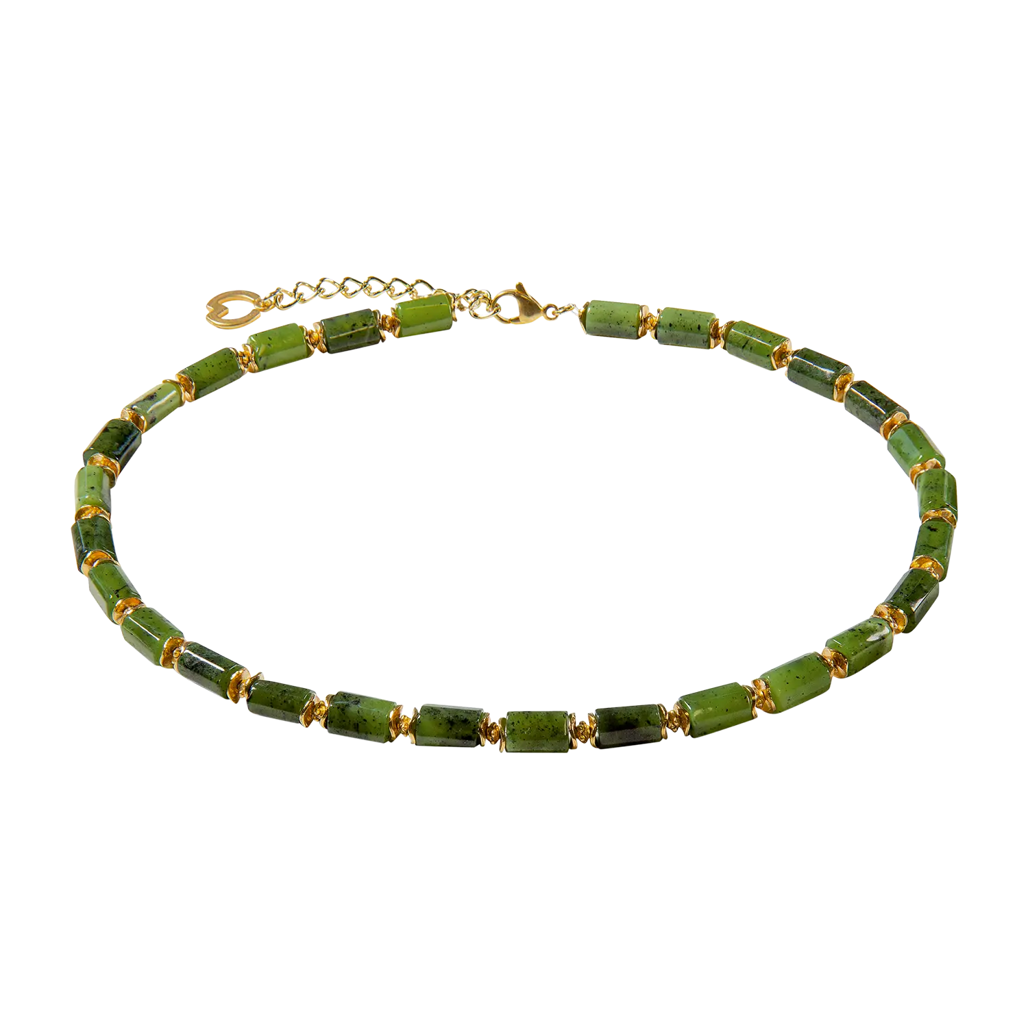 Collier Dana von Petra Waszak: grüner Stein, Goldperlen und Messingkette.