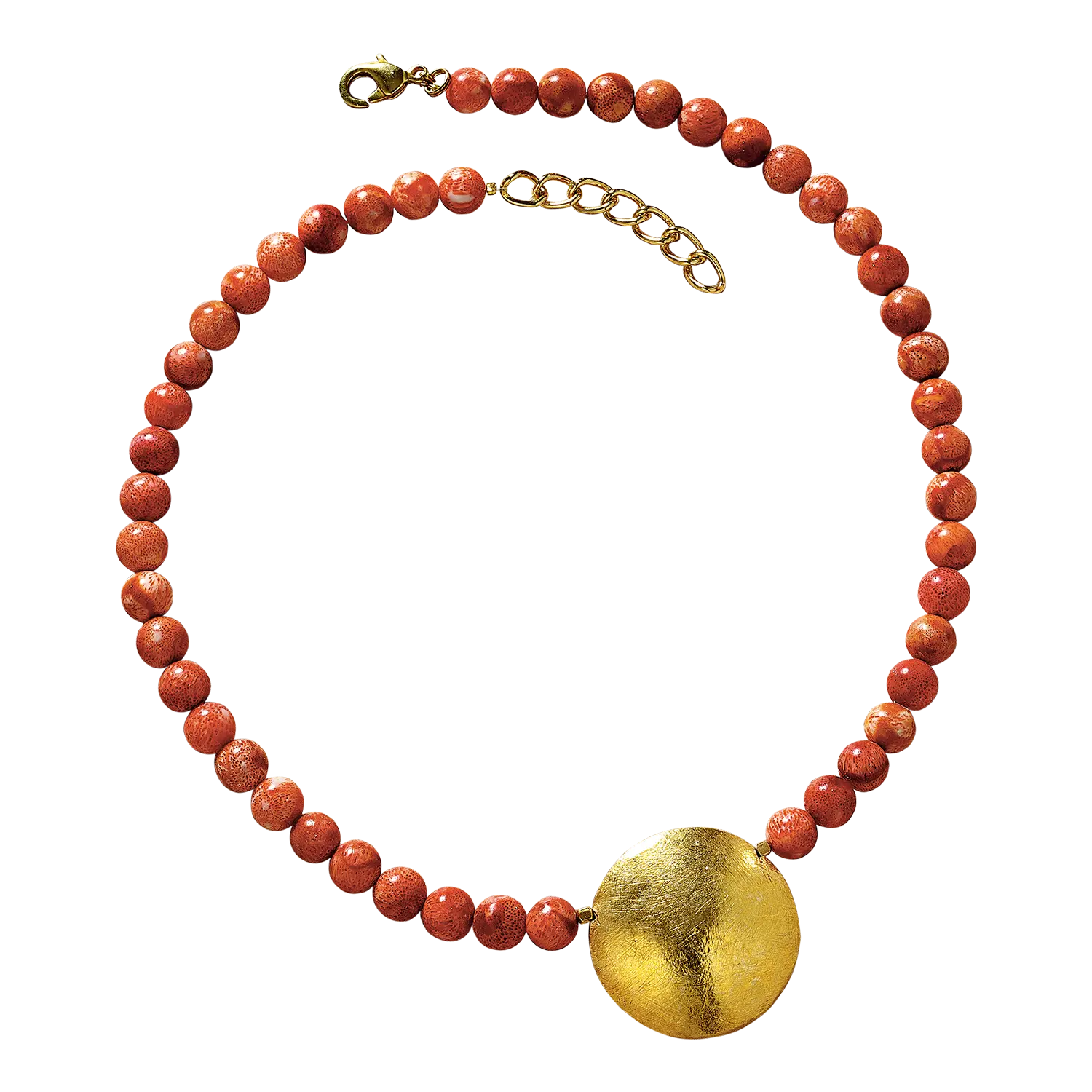 Collier "Sonnenscheibe": Rote Perlen mit goldenem Anhänger, inspiriert vom Sonnengott Ra.
