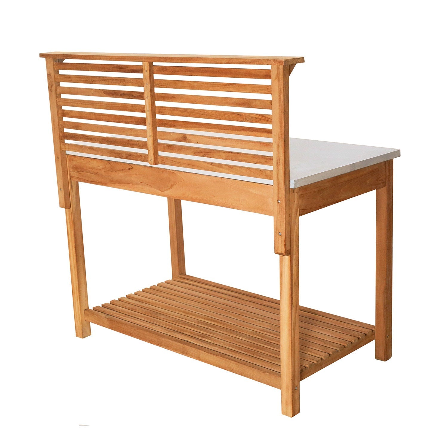 Pflanztisch mit Schublade, Lattenrost, Regal und weißer Tischplatte auf einer Seite.