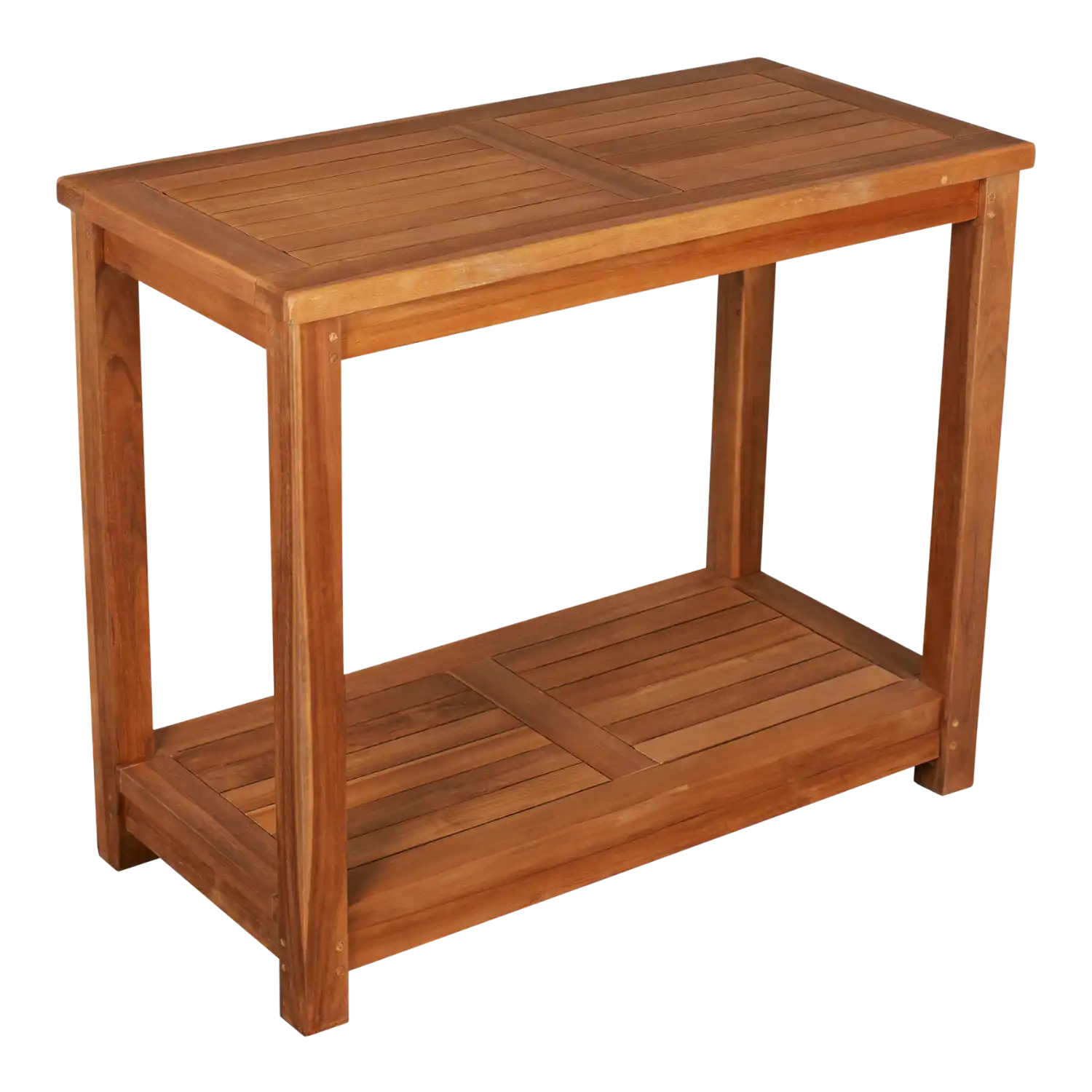 Wetterfester Arbeitstisch für den Garten aus Holz mit Ablage und Lamellen.