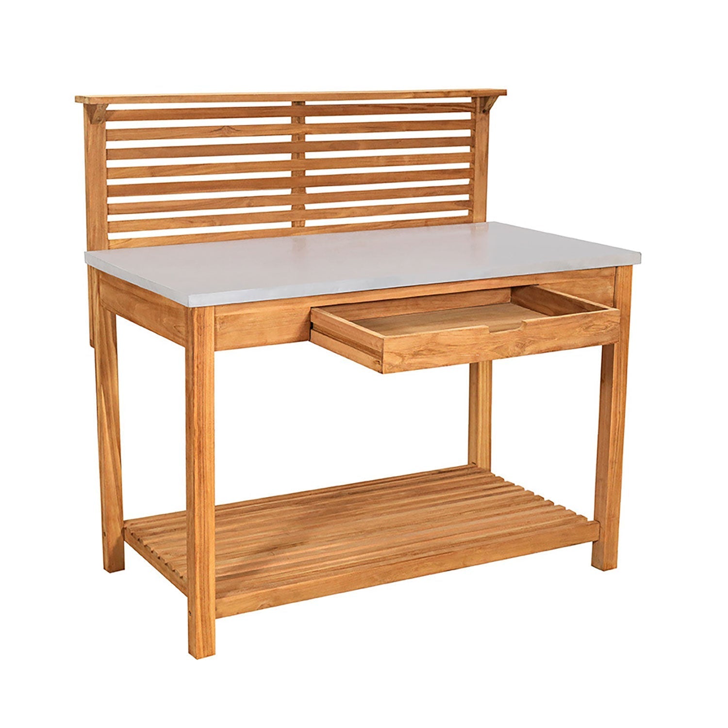 Pflanztisch mit Schublade: Holzbank mit Metallplatte, Ablage offener Schublade