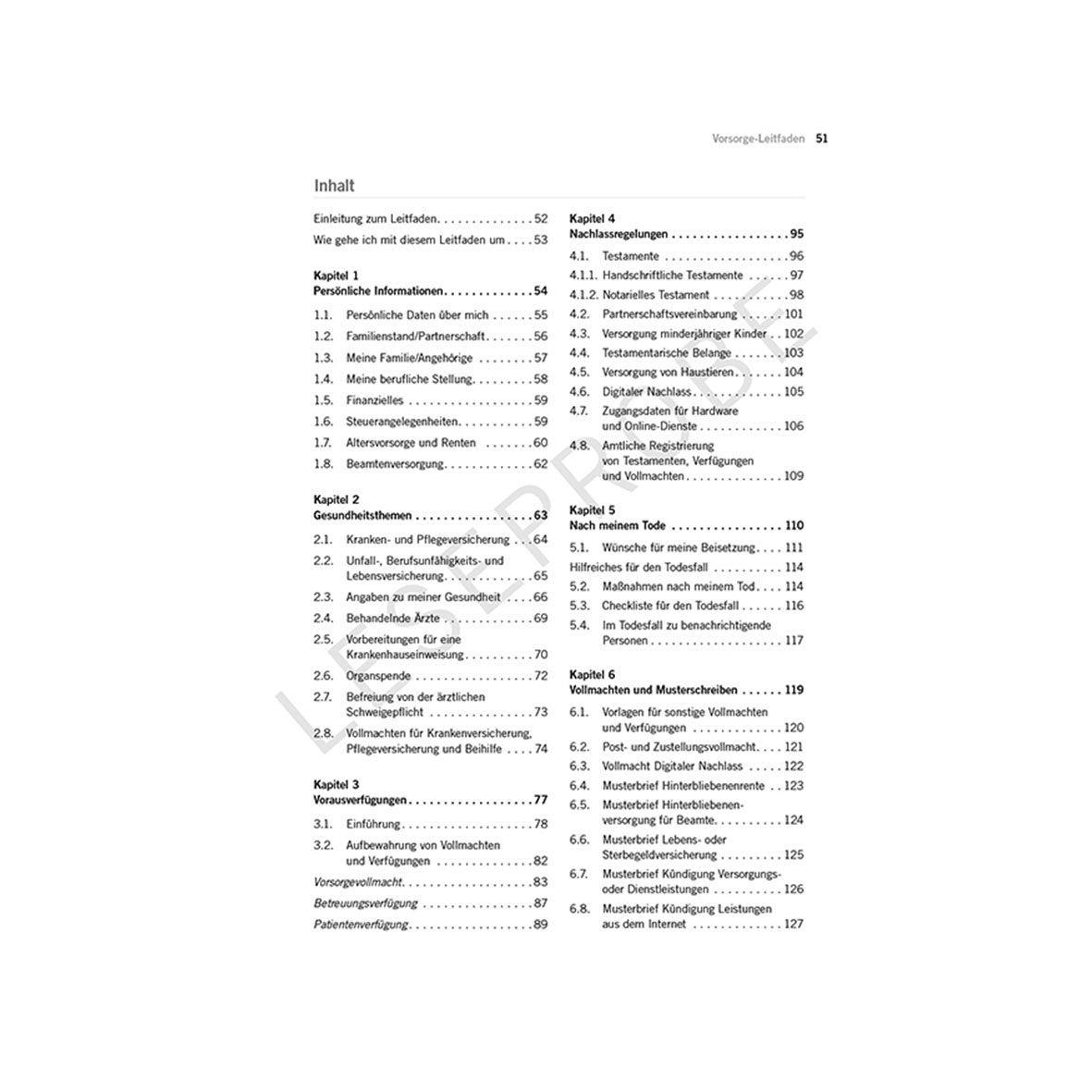 Die „Inhalt“-Seite von „Pflege und Vorsorge – Geregelt!“ listet Kapitel und Abschnitte auf Deutsch auf, die persönliche Informationen, Gesundheitswerte, Pflegebedürftigkeit, Zukunftsplanung und abschließende Bemerkungen behandeln. Seitenzahlen sind rechtsbündig.