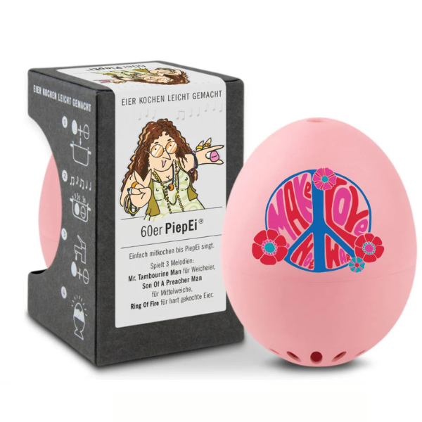 Rosafarbener eiförmiger Timer mit MAKE LOVE NOT WAR-Design, neben einer illustrierten Verpackung mit Melodien für Härtegrade – perfekt gekochte Eier sind einfach und unterhaltsam.