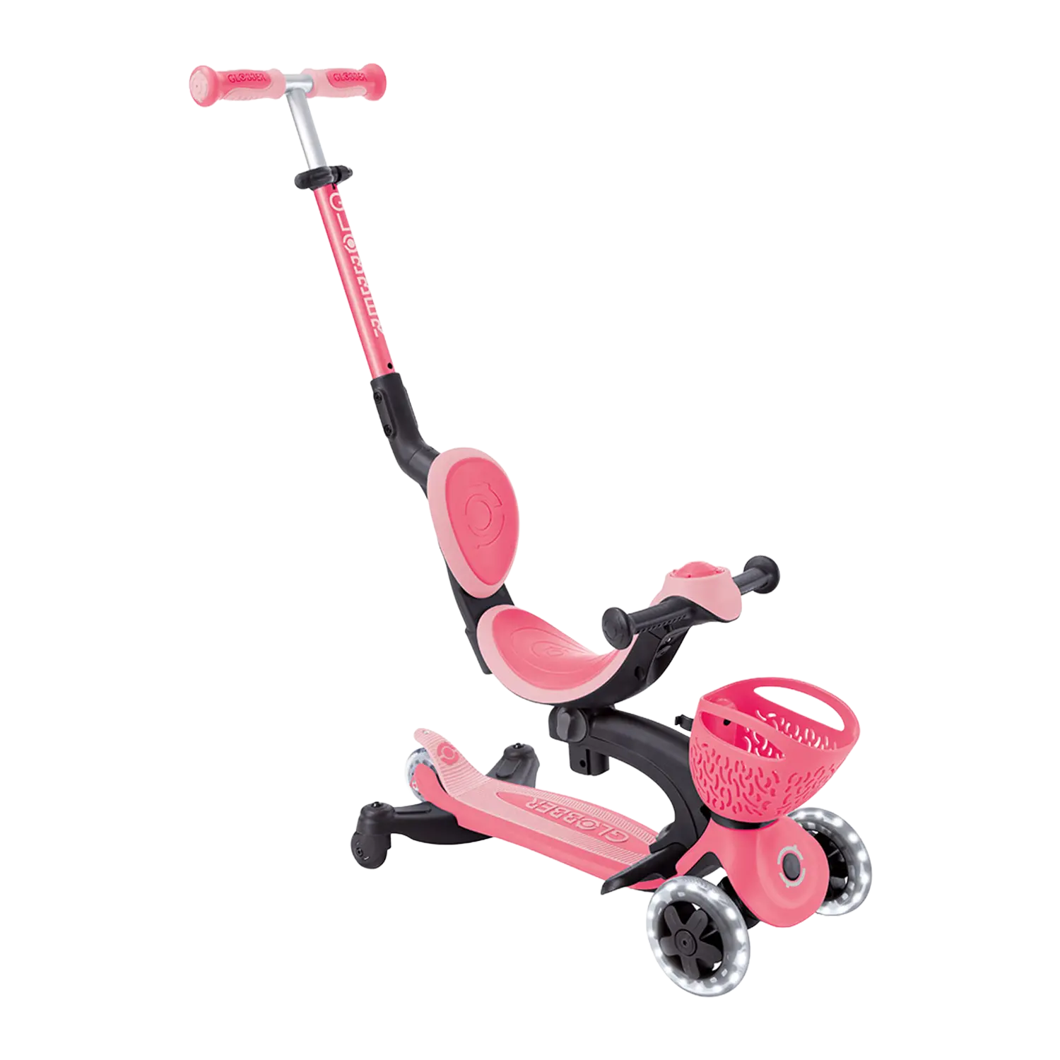 Globber Go-Up Baby rosa-schwarzer Kinderroller mit Sitz, Griff und Korb.