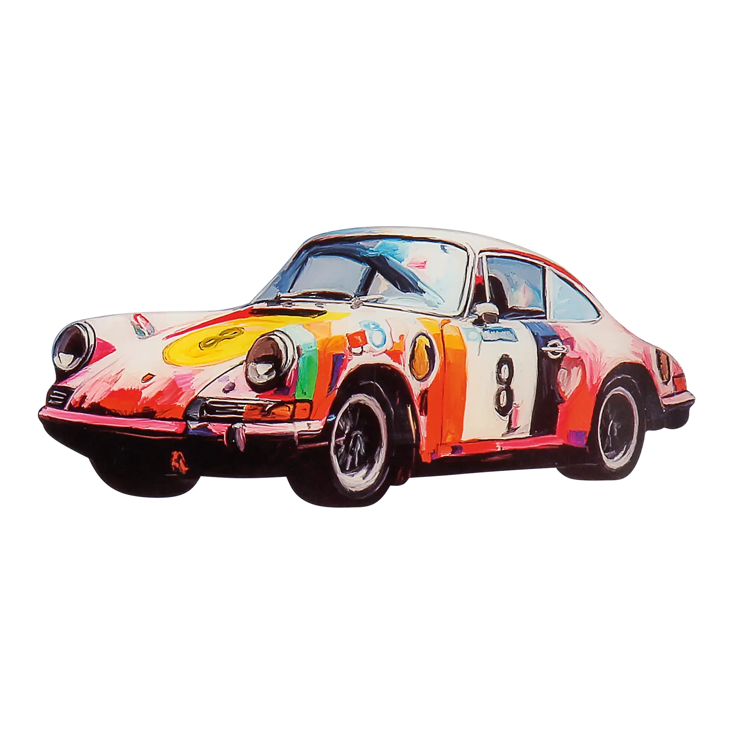 Buntes Pop-Art Porsche 911 Kunstwerk, Vintage-Stil, mit Nummer 8, Seitenansicht.