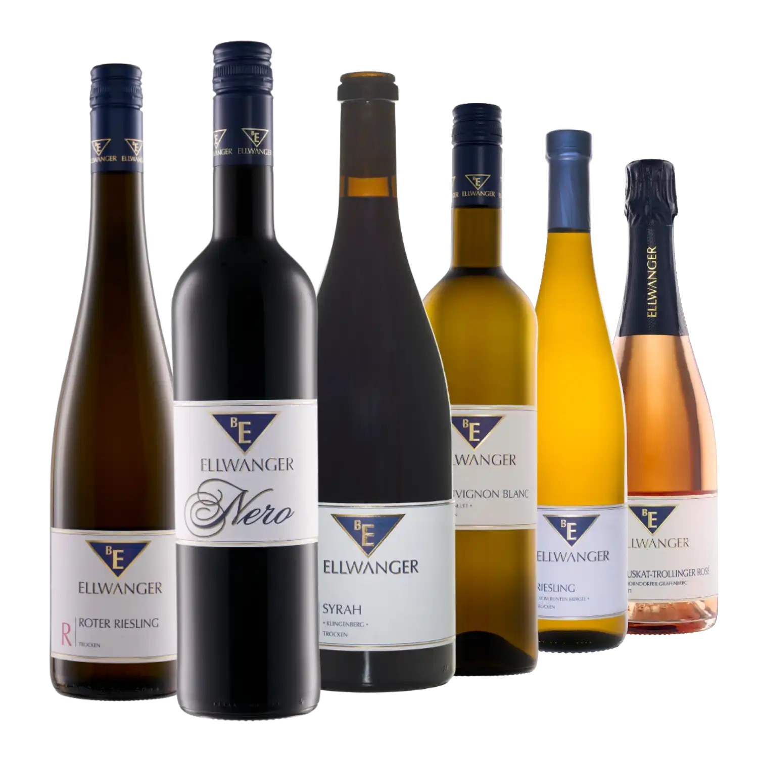 Sechs Flaschen Probierpaket Ellwangers Spezialitäten auf weißem Hintergrund.