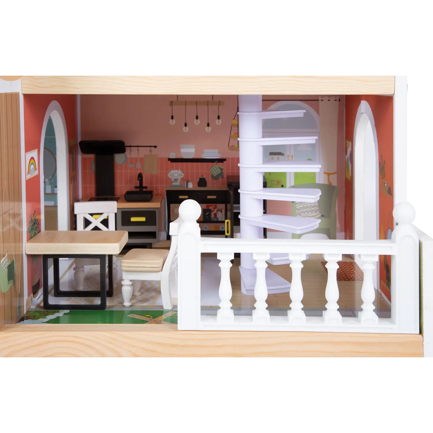 Puppenhaus mit Möbeln: Küche, Esstisch und weiße Wendeltreppe.