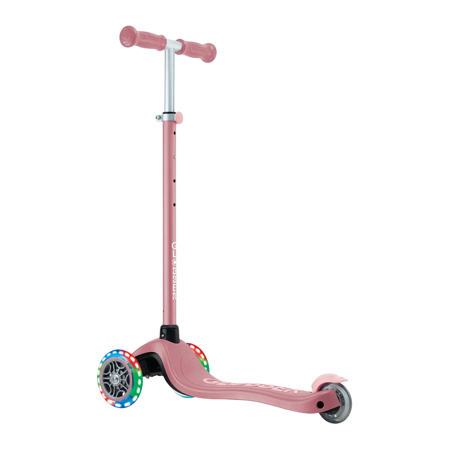 Globber Kinderscooter mit Helm, rosa, 3 Räder, LED-Leuchten, Flexbox-Layout.