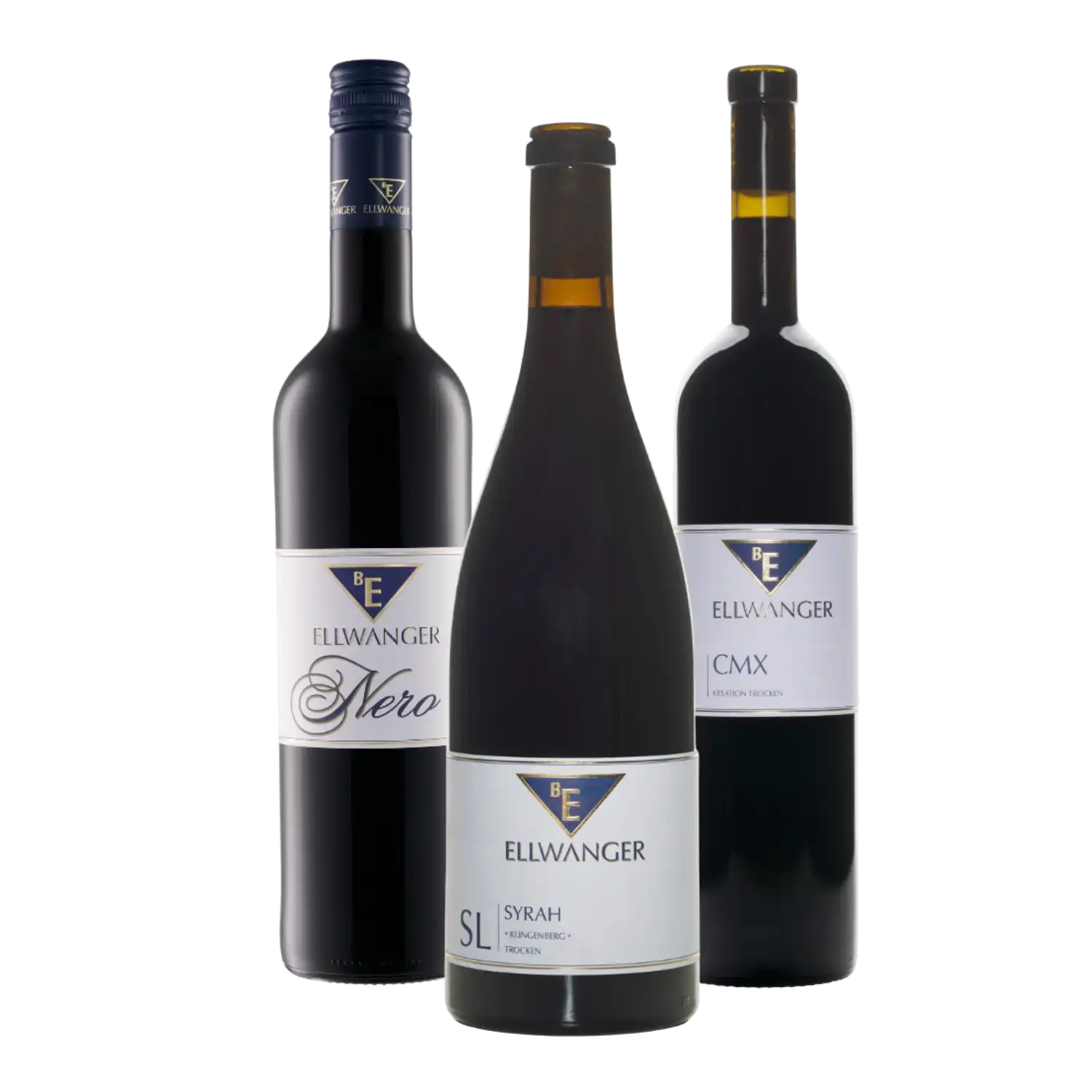 Drei Flaschen Rote Cuvées - 3er Paket auf weißem Hintergrund.