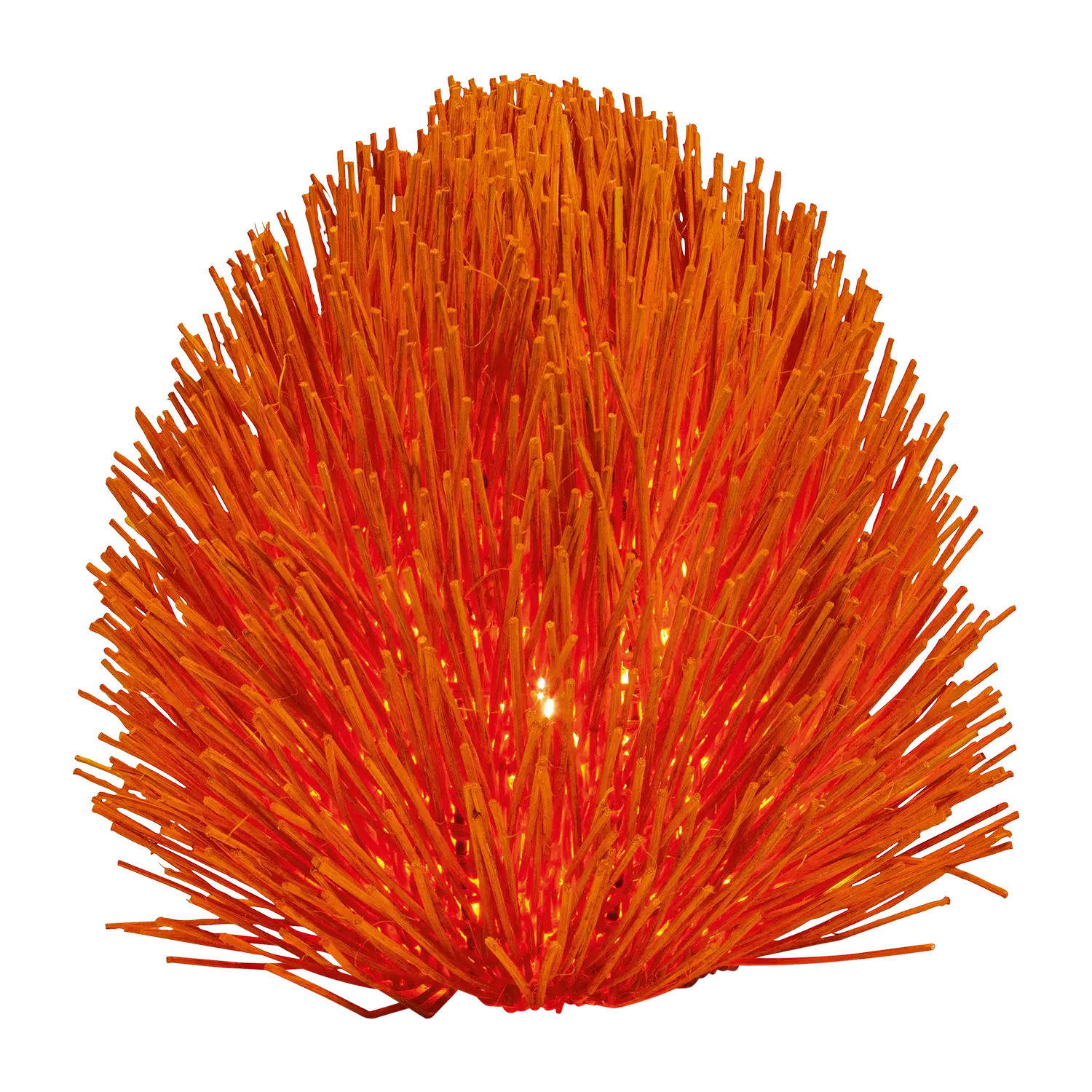 Eine stachelige rote Rattan Tischleuchte Trend Rot mit leuchtenden Lichtern im Inneren.