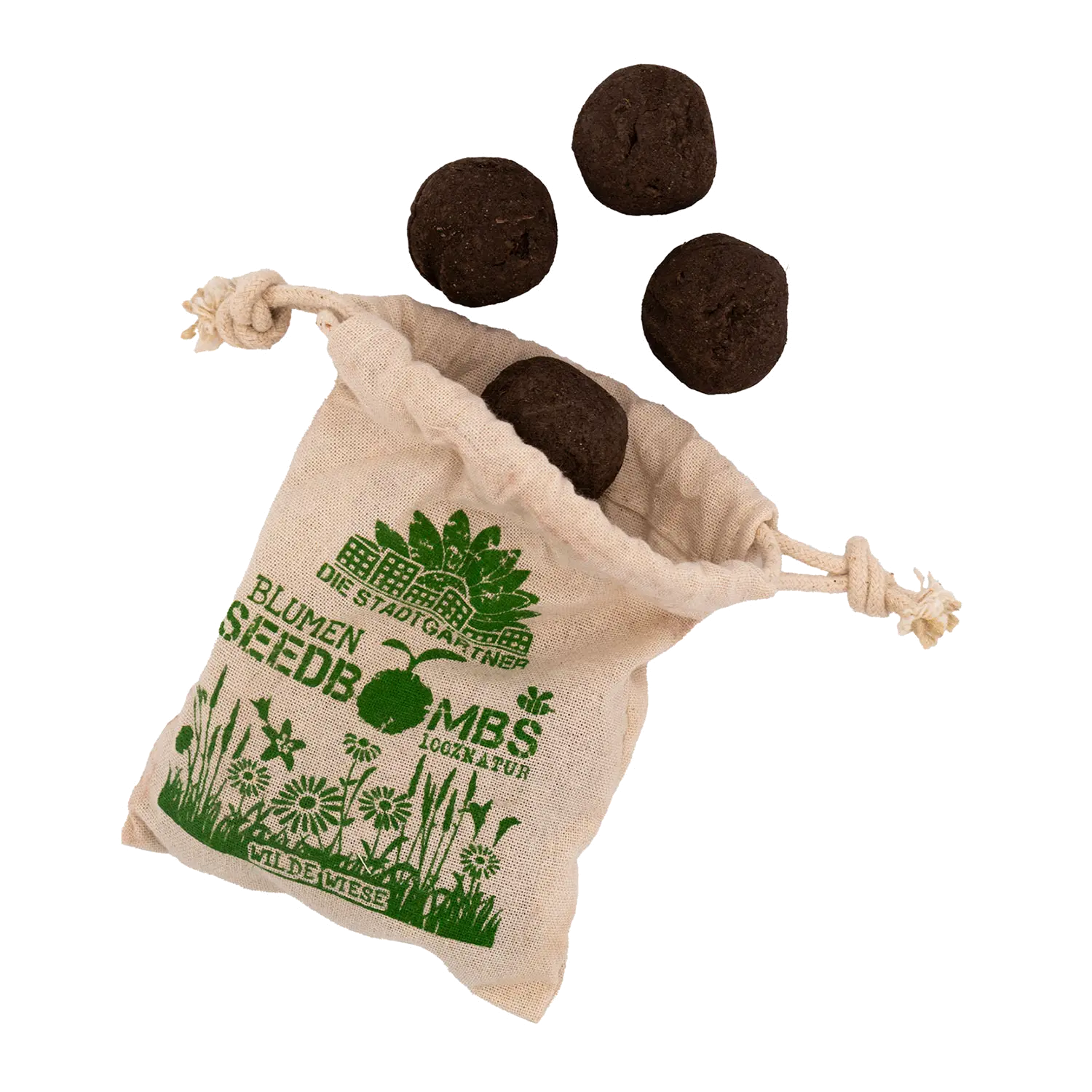 Ein Stoffbeutel mit der Aufschrift Ostergeschenk für Hobbygärtner mit vier Seedbombs.
