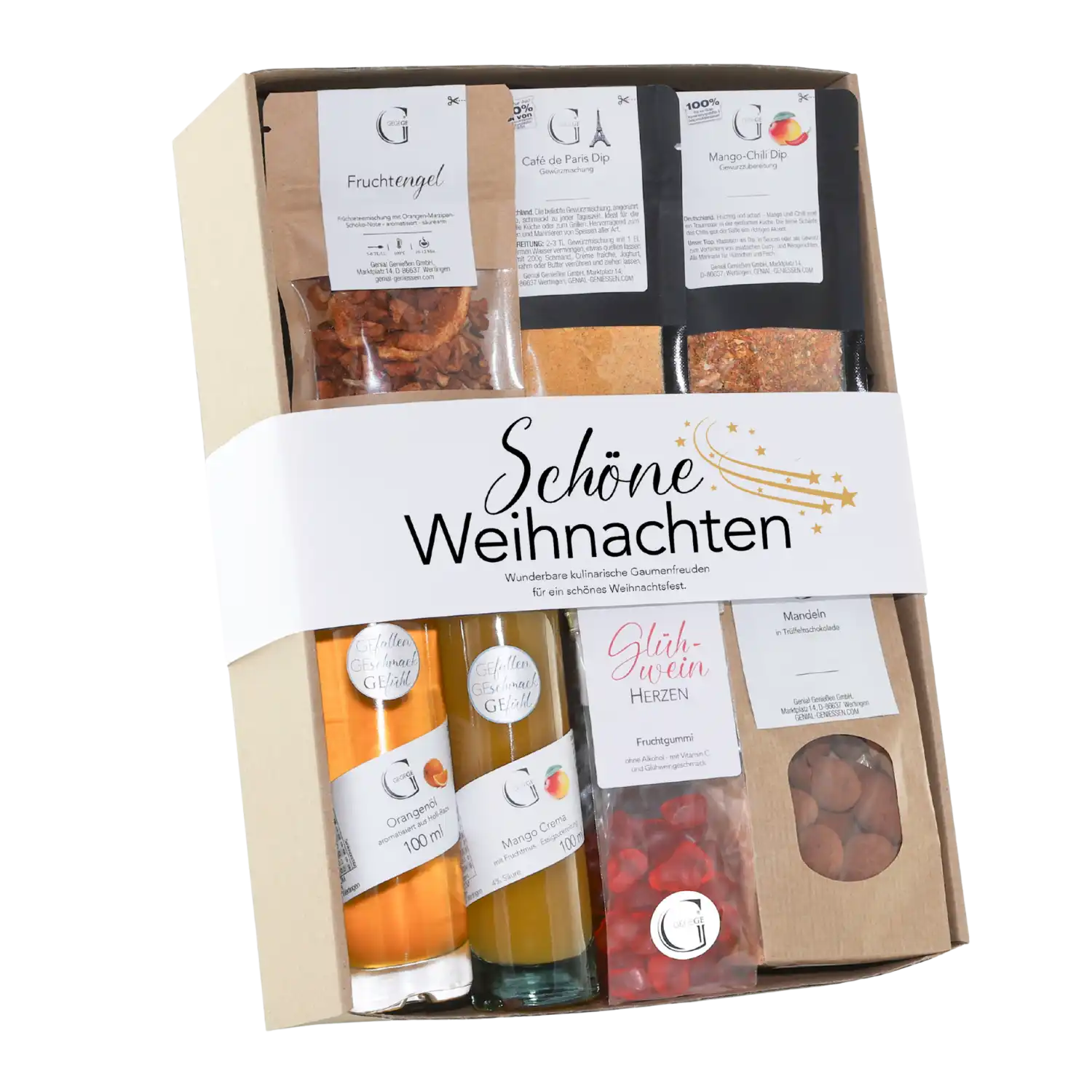 Schönes Weihnachtsgeschenkset mit Snacks und Getränken