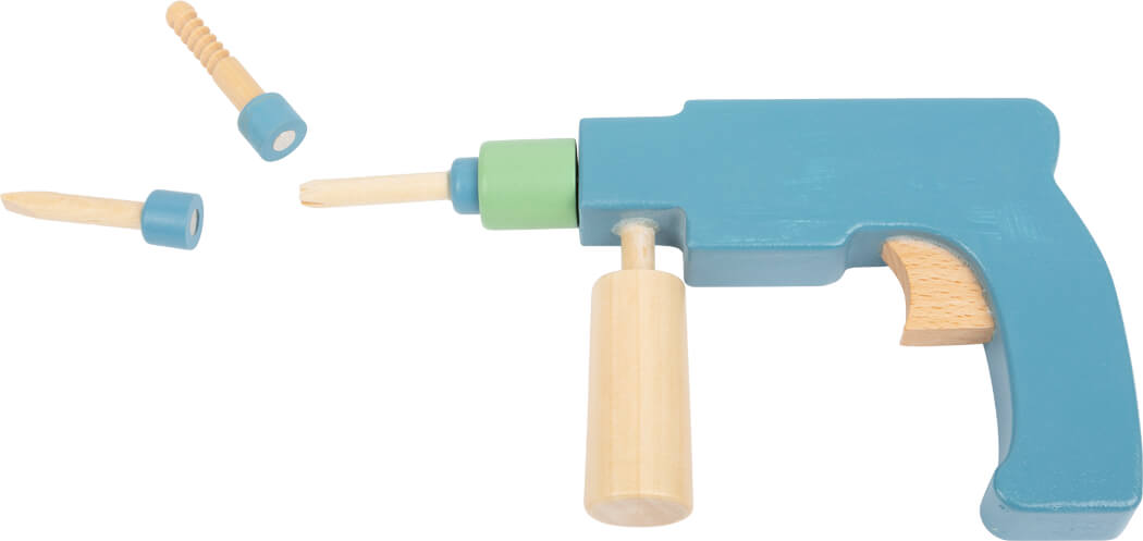 Blaues und hölzernes Werkzeug für Kinder ab 3 Jahren mit austauschbaren Teilen.