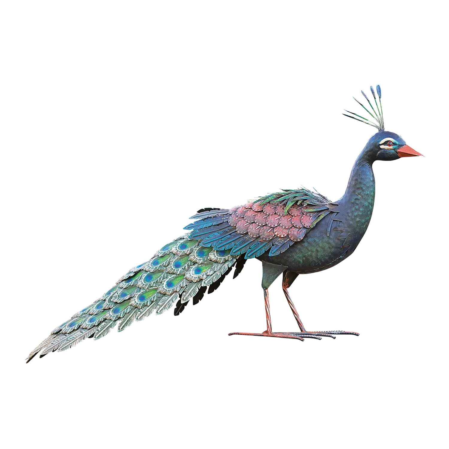 Schreitender Pfau: Bunte, handgefertigte Gartenfigur mit feinen Details.