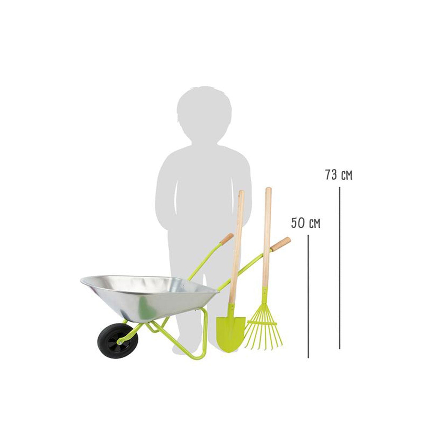 Kinderschubkarre mit Gartenwerkzeug und Größenchart neben einer Silhouette.