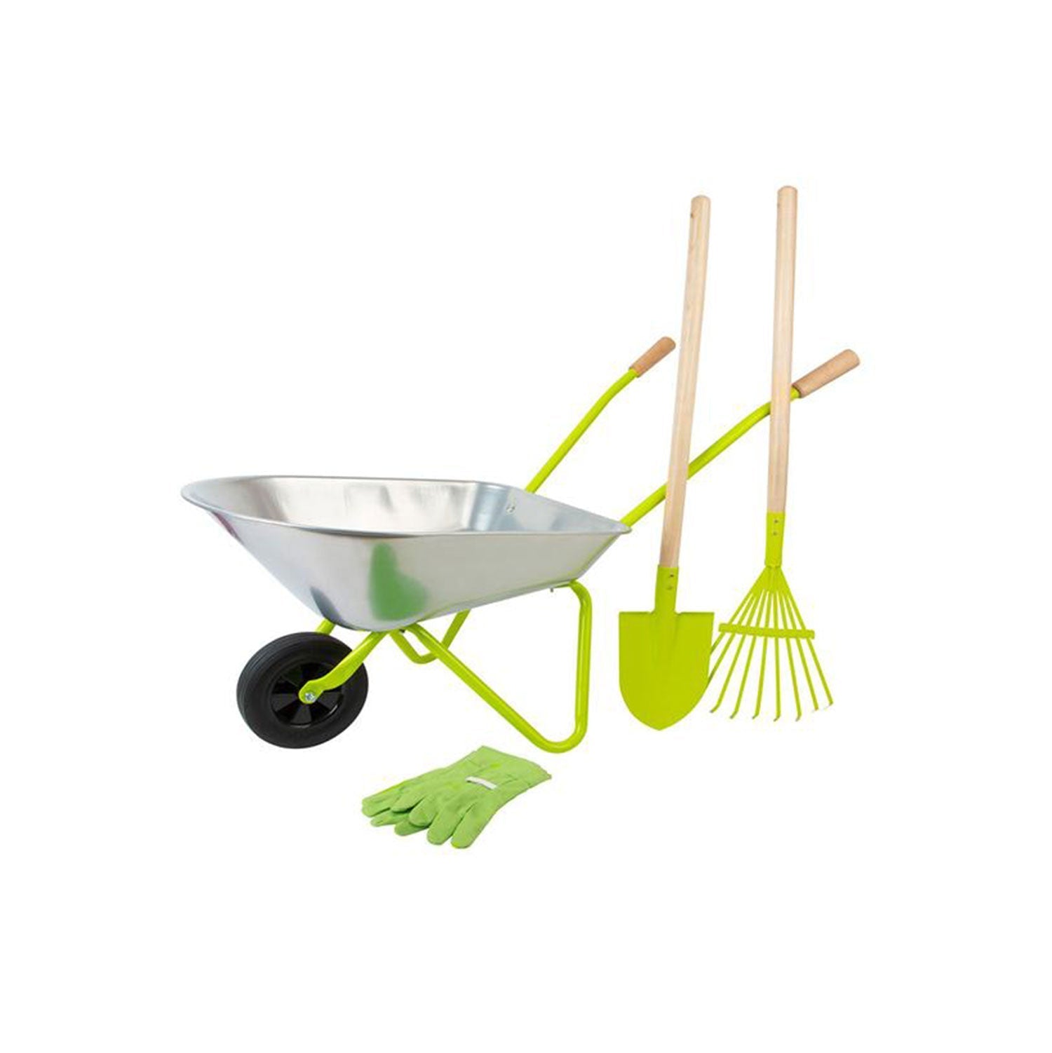 Kinderschubkarre mit Gartenwerkzeug: Schubkarre, Handschuhe, Schaufel, Rechen.