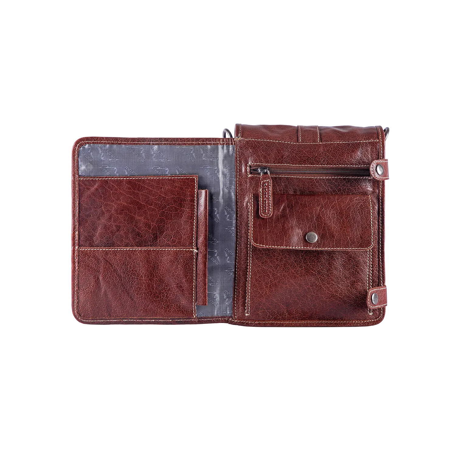 Die Alpenleder Schultertasche GALILEO ist eine offene Geldbörse aus braunem Leder mit mehreren Fächern, darunter ein Reißverschlussfach, Kartenfächer und ein Ausweishalter. Sie hat eine sichtbare Struktur mit weißen Nähten an den Rändern und ist innen mit grauem Stoff gefüttert.