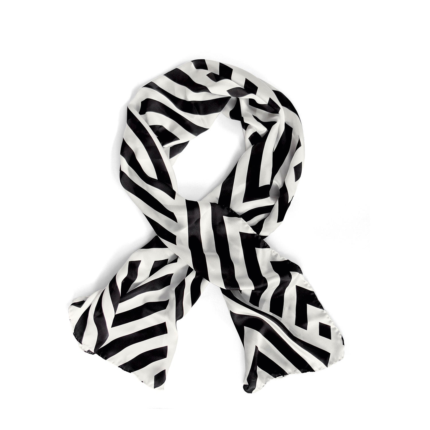 Der Seidenschal „Art Nouveau“ in schwarz-weißen Streifen ist elegant auf weißem Grund angeordnet und bildet eine Schleife mit fließenden Enden. Sein kräftiges, diagonales Muster bietet ein edles Design und erzeugt einen optisch markanten, vom Art Déco inspirierten Look.