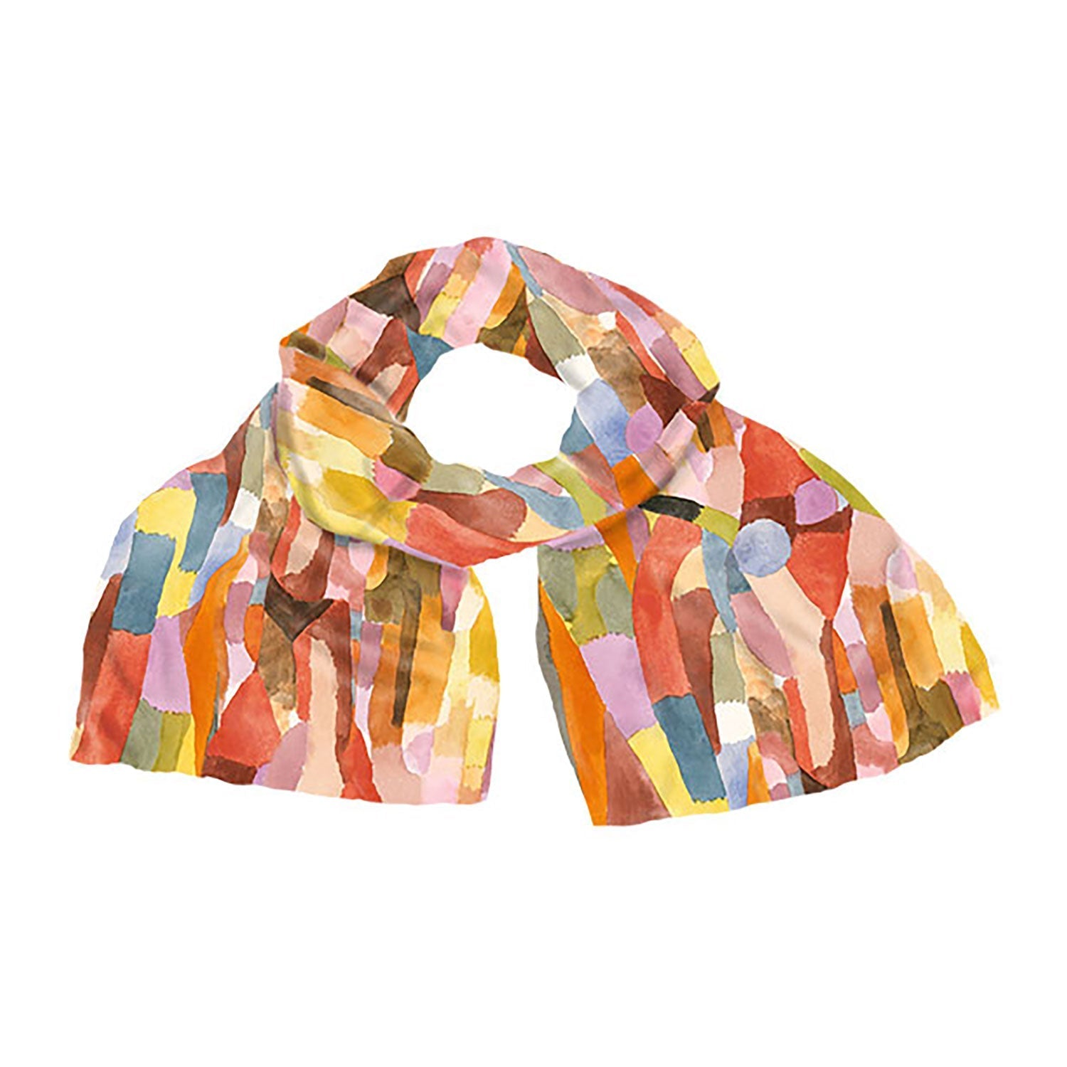 Der Seidenschal „Bewegung der gewölbten Kammern“ ist ein luxuriöser Schal aus Satin-Seide mit einem abstrakten mosaikartigen Muster in Rot-, Blau-, Rosa-, Gelb- und Brauntönen, dessen Formen an die Kunst Paul Klees erinnern. Es ist locker angeordnet und bildet einen Halbkreis.