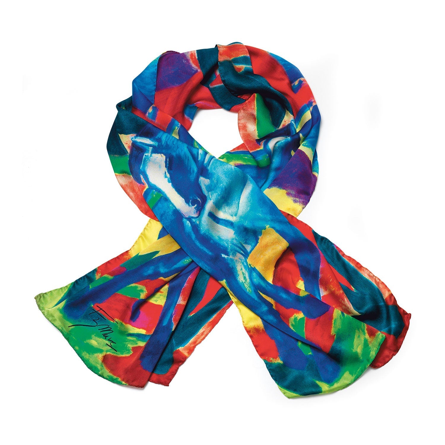 Dieses elegante Modeaccessoire, der Seidenschal "Blaues Pferd" aus Satinseide, besticht durch abstrakte Muster in Rot, Blau, Gelb und Grün. Ideal für Kunstliebhaber, lässt er sich elegant falten und wertet jedes Ensemble auf.