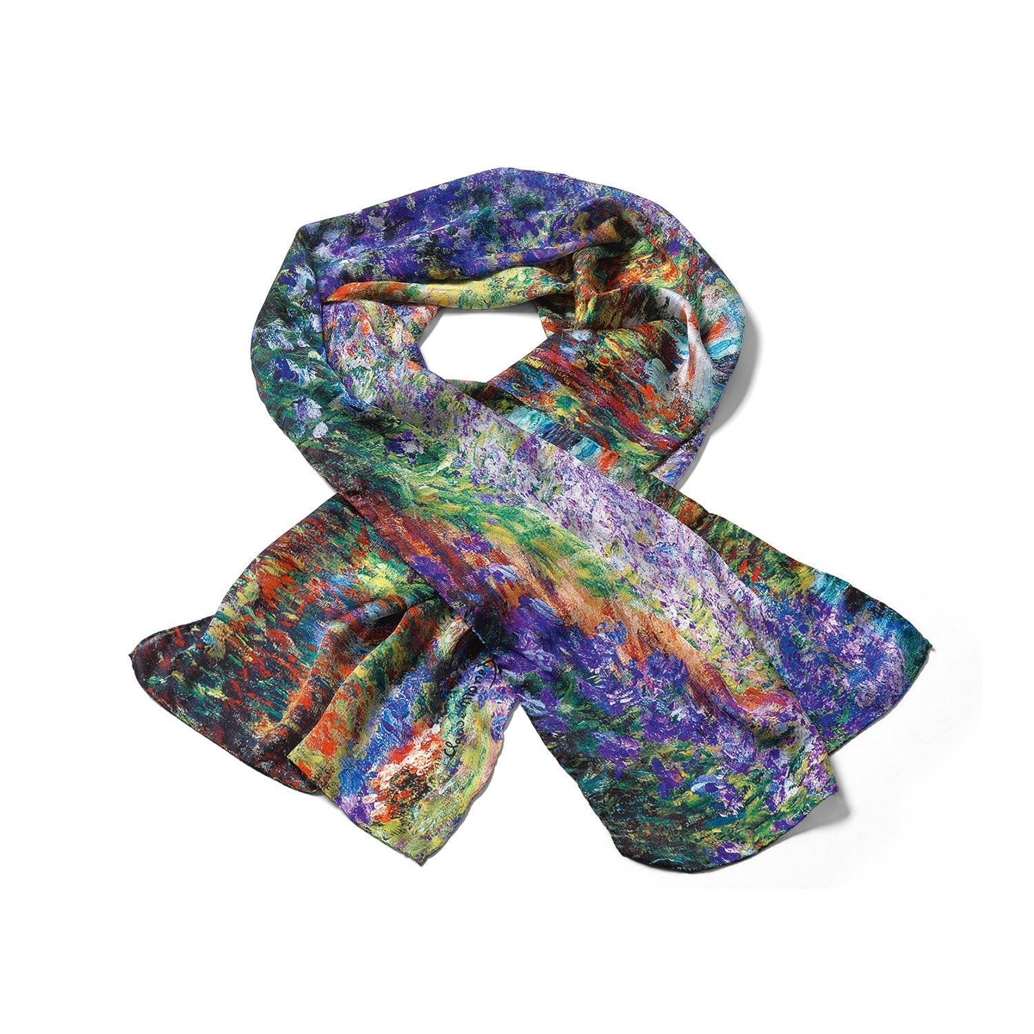 Der Seidenschal „Irisbeet in Monets Garten“ besticht durch sein lebendiges, malerisches Design, das an Claude Monet erinnert. Seine satten Blau-, Grün-, Orange- und Lilatöne auf Satin-Seide-Stoff erzeugen einen lockeren, überlappenden Stil vor weißem Hintergrund.