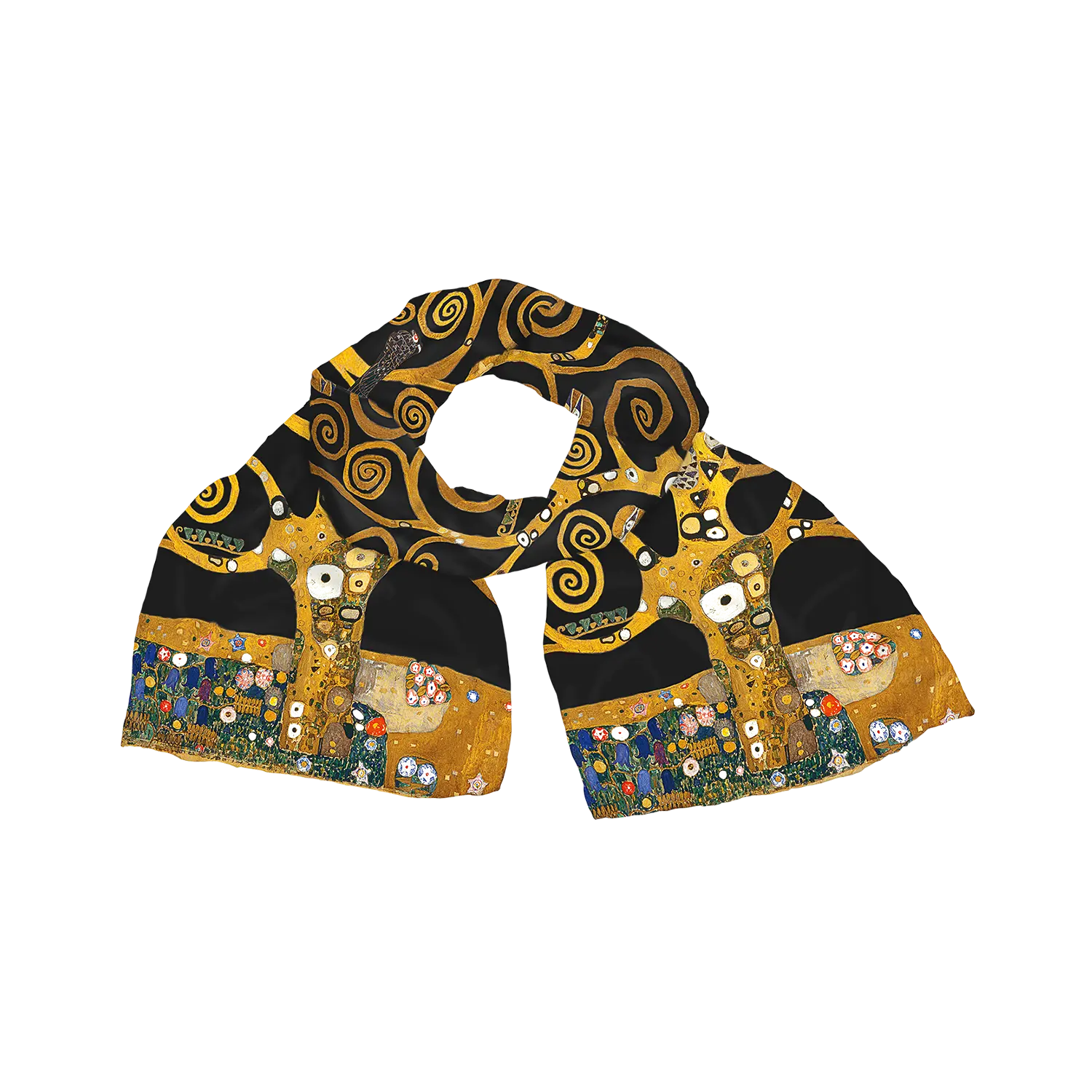Ein Seidenschal "Lebensbaum" dunkel mit goldenen, schwarzen und bunten Wirbeln.